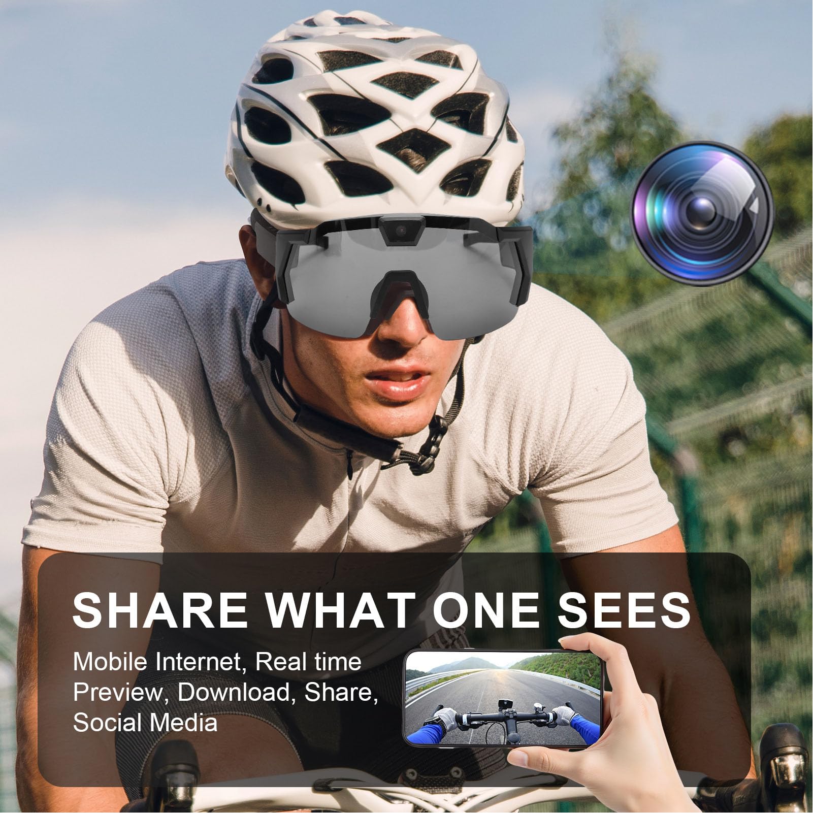 Smart-Kamera-Brille, Videobrille mit HD-1080p-Videoaufzeichnung, 120°-Weitwinkelobjektiv, WLAN, tragbare Sonnenbrille für Outdoor, Indoor, Sport, Radfahren, Wandern, Reiten