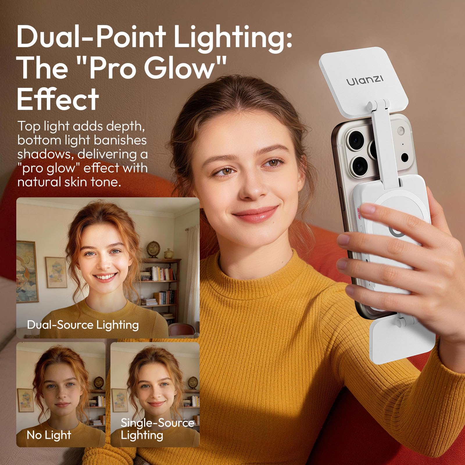 ULANZI GL01 Luce per telefono, Phone selfie light quadrati con asta regolabile a 45°, 2500K-6500K, Luce fotografica portatile per riprese nightout, Compatibile con iphone 17/16/15 non promax