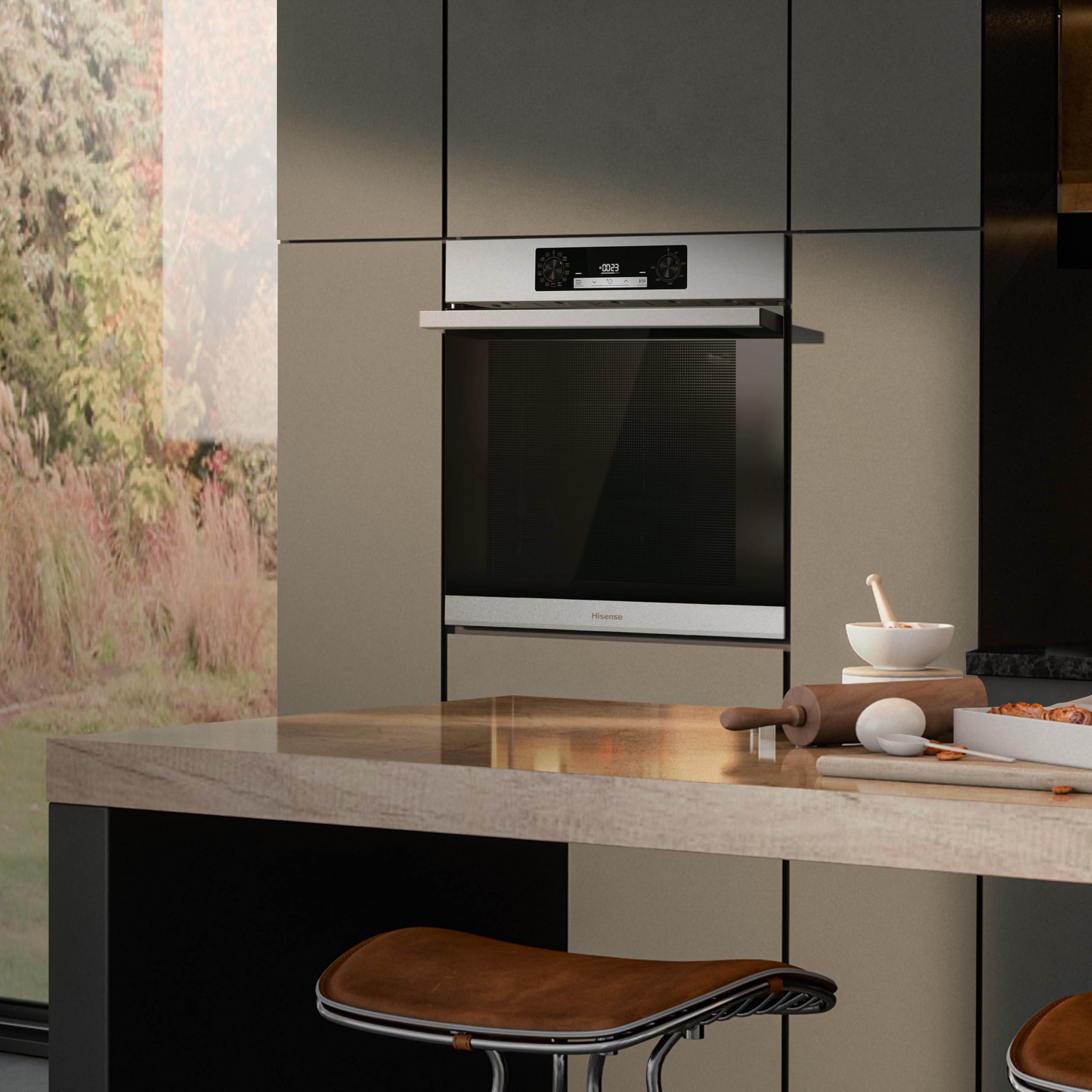 Hisense BSA65226AX Horno Multifunción con Vapor + Función Freidora de Aire sin Aceite, Gran Capacidad 77L,Cocción Simultanea 5 Niveles, ventilador XXL, Pizza mode 300º, Puertas removibles Inox