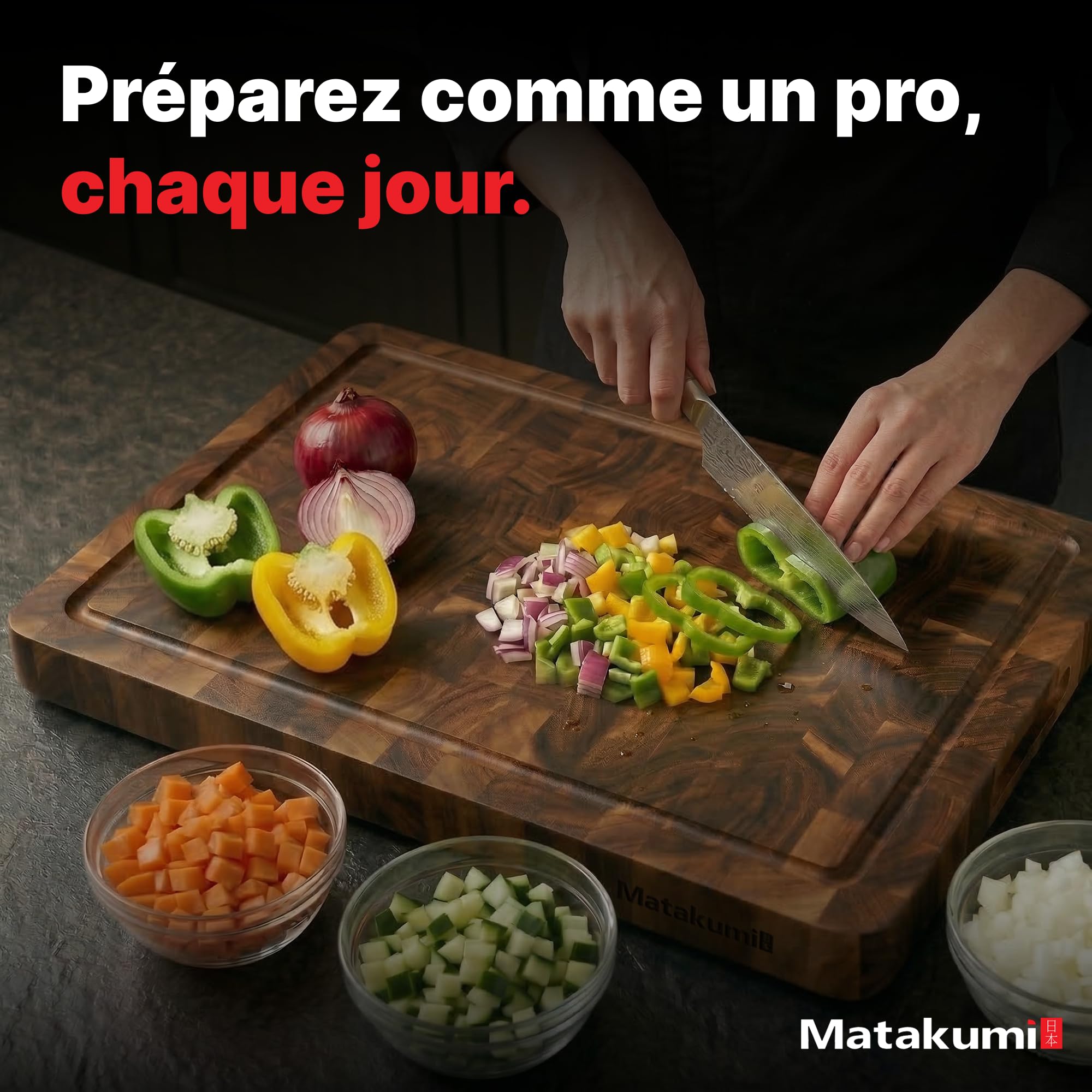 Matakumi Planche à Découper Bois - Planche de Cuisine en Bois d’Acacia avec Poignées Latérales, Rigole à Jus et Bois de Bout pour Préserver les Lames de Couteaux - Double Face (40 x 30 x 3 cm)