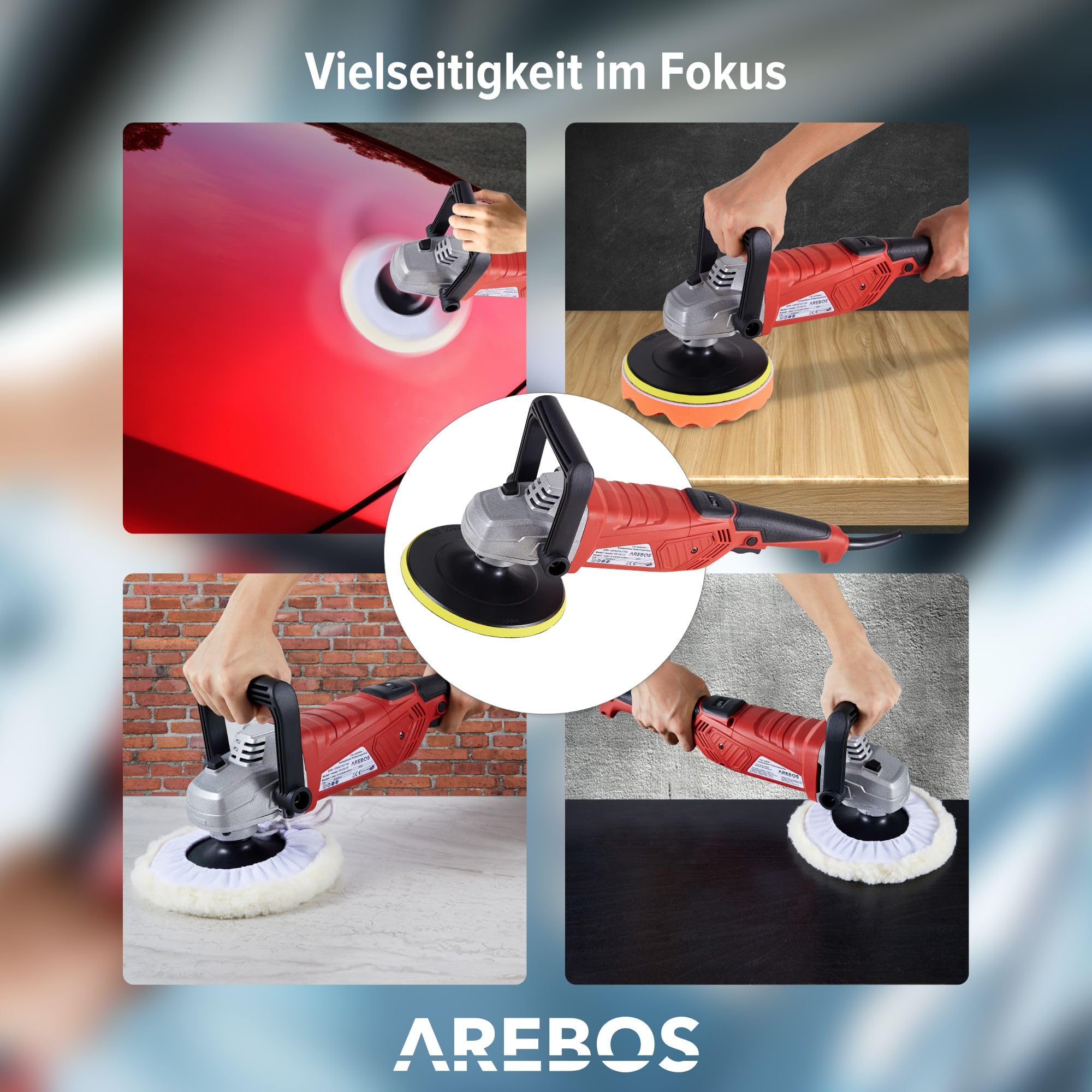 Arebos Exzenter Auto Poliermaschine Autolack Schleifer | 2100W | 3300 Schwingungen/Minute | 4 Verschiedene Aufsätze | Großer Polierteller | verstellbare Geschwindigkeitsstufen | Inkl. Zubehör
