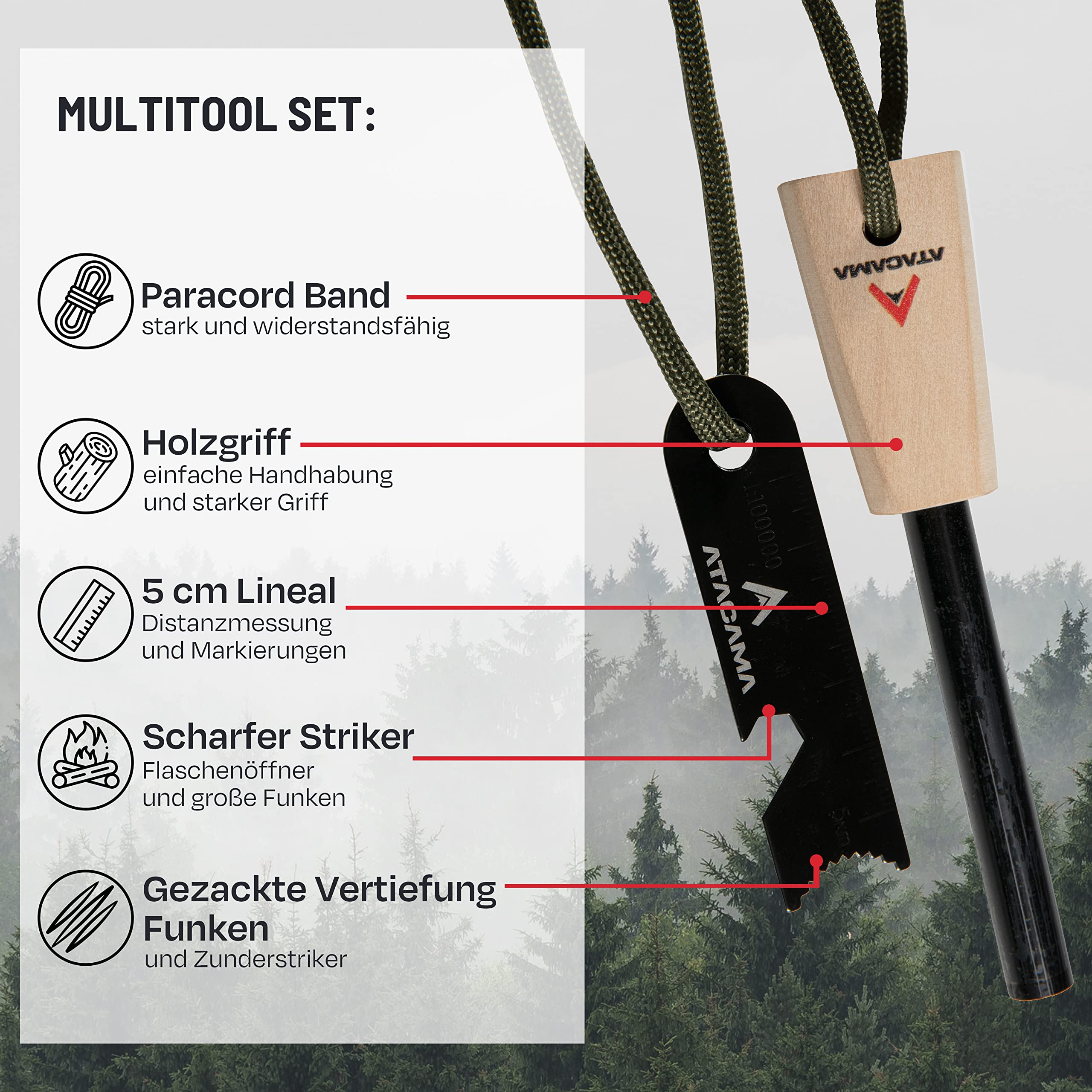 Atacama Krzesiwo survivalowe zestaw z narzędziem wielofunkcyjnym, krzesiwo Kienspan Tinder, dmuchawka i krzesiwo - wyposażenie outdoorowe i wyposażenie bushcraft - Firestarter - wieczna zapałka