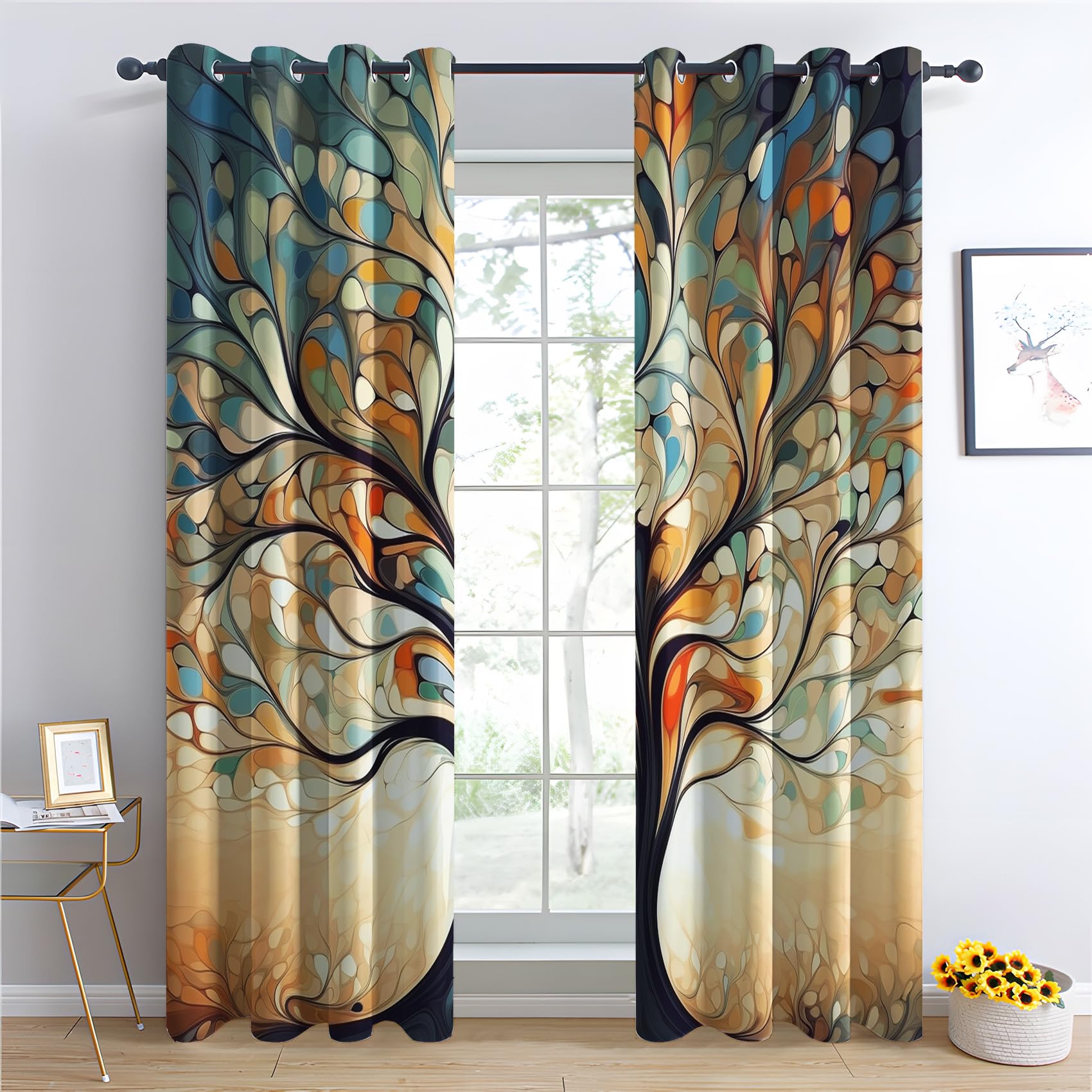 Rideau Occultant Arbre de Vie, Rideau Isolant Thermique pour Salon Chambre, Rideaux Motif Fantaisie, Rideau Opaque à Oeillets, Lot de 2 Rideaux et Draperies Intérieur 140x240cm LxH (W7-&128)
