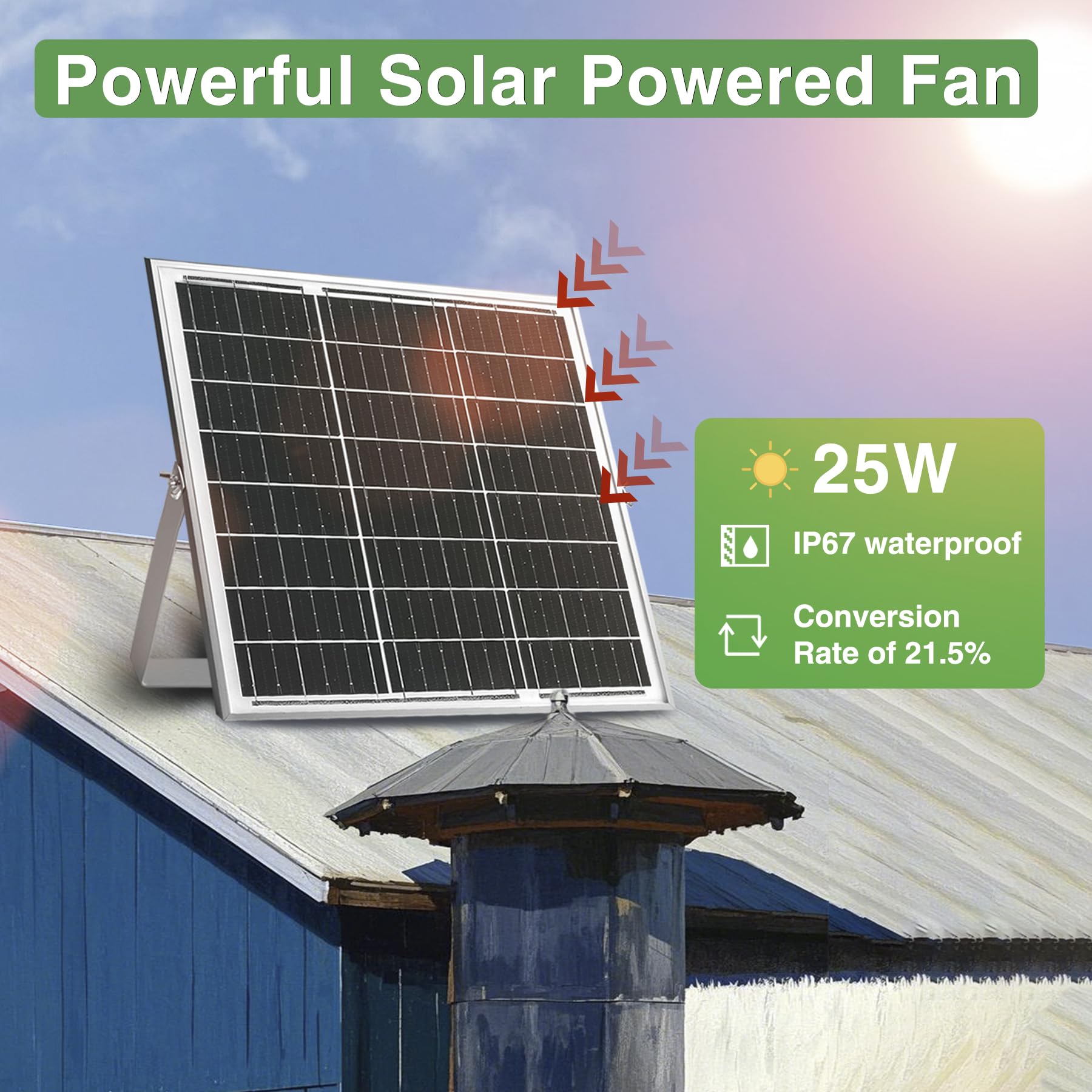 Ventilador de escape solar de 25 W con ventilador de ventilación de 8 pulgadas, válvula antireflujo, adaptador de corriente y soporte de montaje, ventilador de ventilación de alta