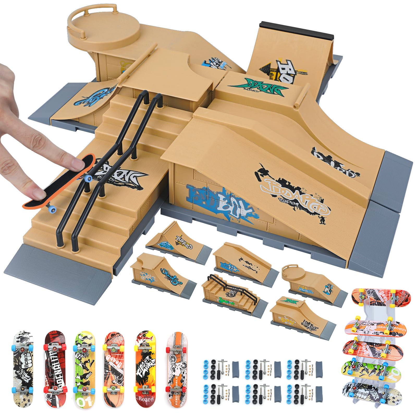 Gr8ware Skateboard Ramp, 6 in 1 Finger Skateboard Ramp Set, Mini Skatepark for Fingerboard, Figure Boarding Skate Park, Fingerboard Skatepark Halfpipe Obstacle Deck Toys for Kids Holiday Party Favors