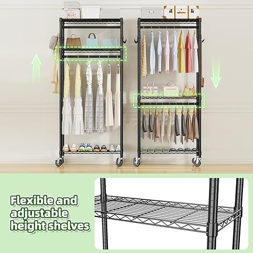 Miniatura 6 de Perchero resistente con ruedas – Estantes ajustables de 3 niveles y doble barra para ropa, armario portátil independiente con ganchos laterales,