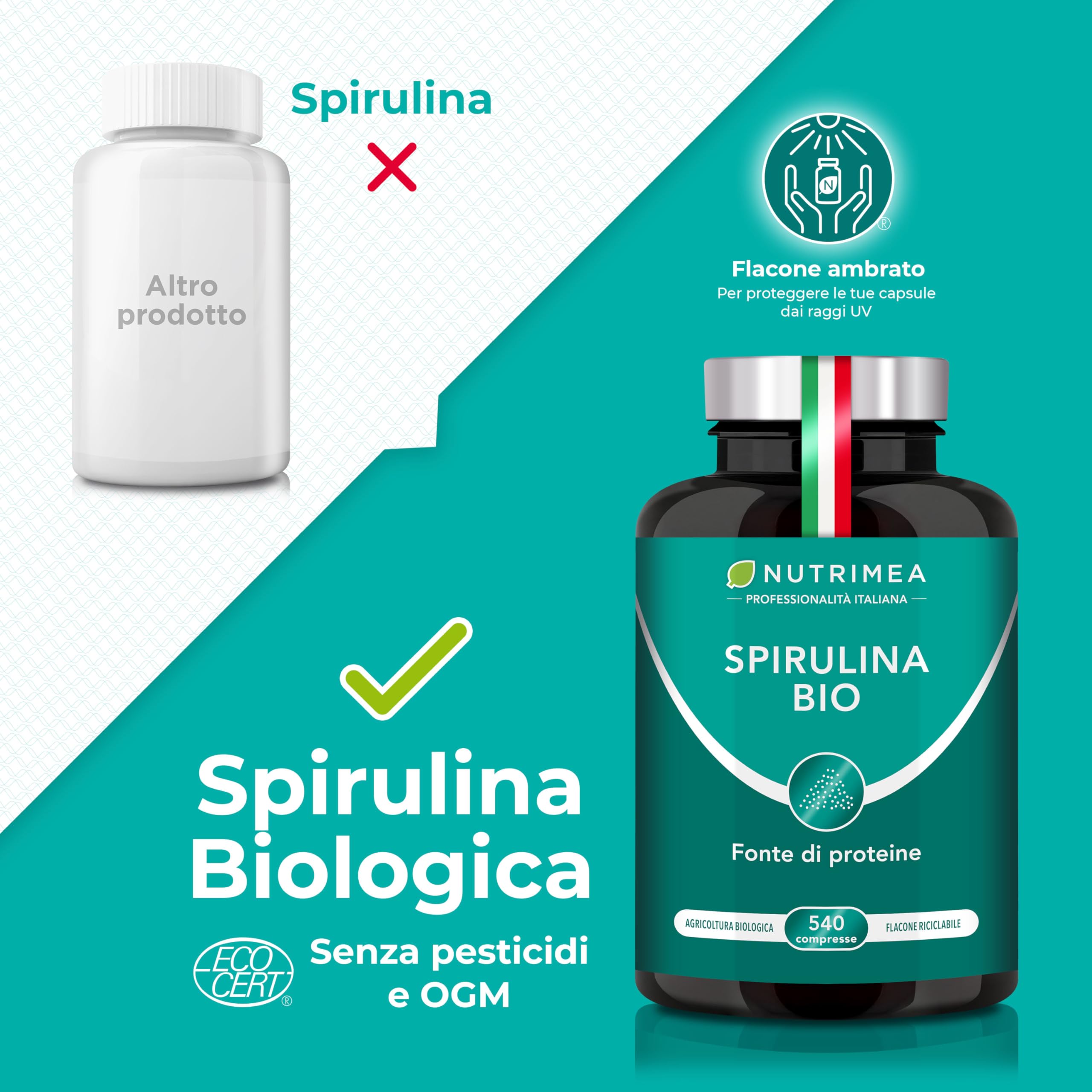 SPIRULINA BIOLOGICA PURA | 540 Compresse | 1500 mg | Ricca di Proteine, Ficocianina, Vitamine e Minerali | Energia e Difese Immunitarie | 100% Naturale | Nutrimea