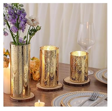 SPHINX Golden Decorative Glass Cylinder Vase for Flowers Home Table Decor,Centerpiece, Vases for home decor ,Gift, Hurricane Candle Holders - (Mercury Gold-3 Pieces Set- 4,6 and 9 In)
