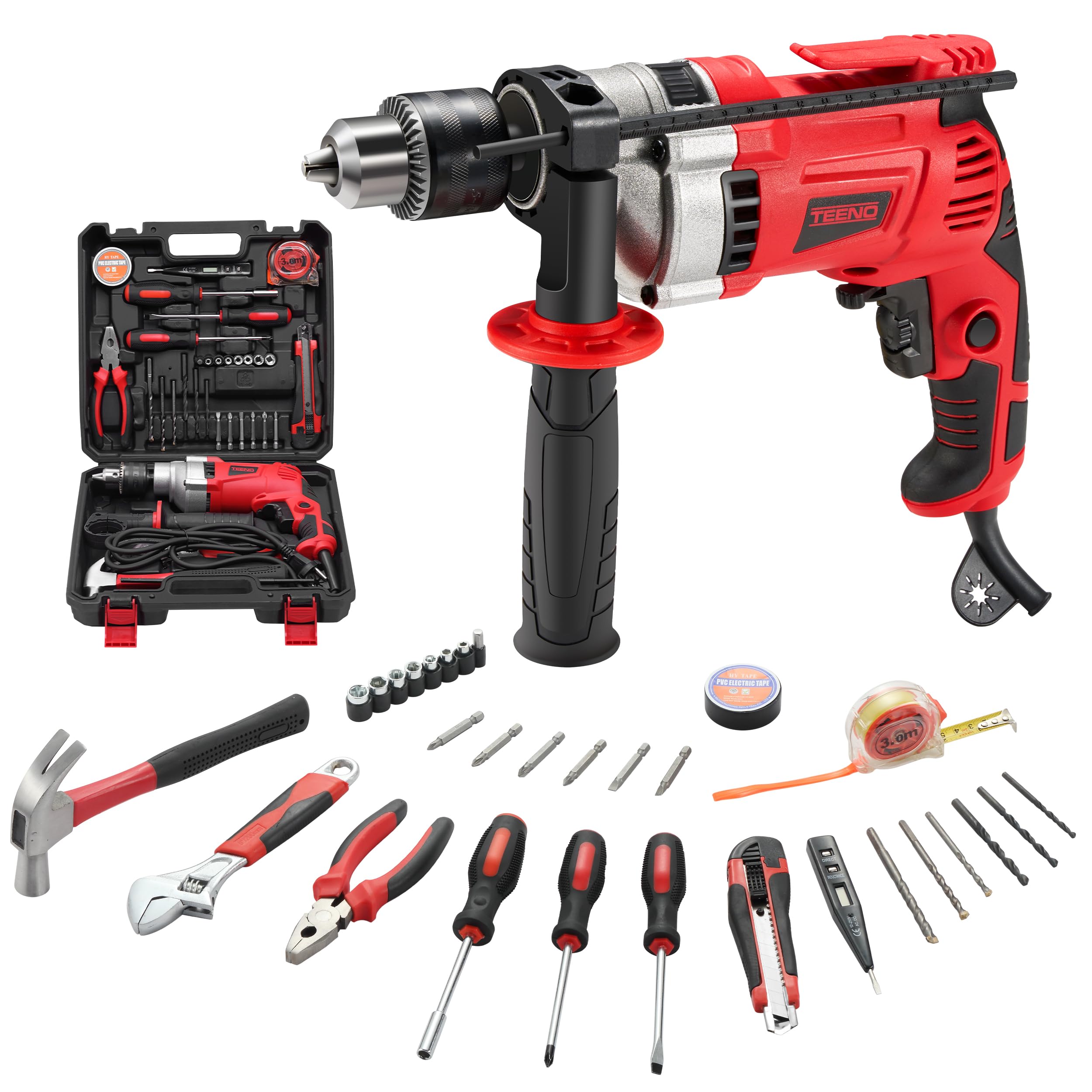 TEENO Taladro Percutor con Cable 910W, Taladro Percutor Eléctrico 0-3000 RPM, con 37 Accesorios Caja Herramientas Completa,botón de velocidad variable,Portabrocas de 13mm, Ladrillo, Madera, Acero