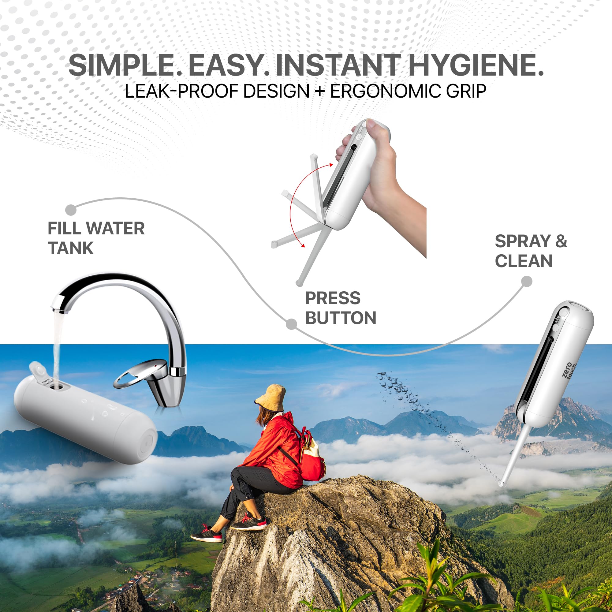 ZERO TOUCH | ZT (GO) Rechargeable Portable Bidet | Dual Wash Modes, 30+ Days Battery Life | Adjustable Pressure, 300+ Washes, IPX64 Water-Resistant | Compact Design, Premium Travel Case, 2-Year Warranty 2