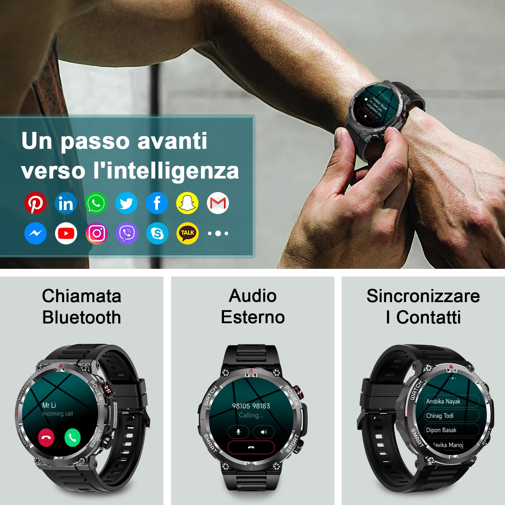 IOWODO Smartwatch Uomo,Orologio Fitness Chiamate Bluetooth,Smart Watch Militari Tracker con Cardiofrequenzimetro,SpO2, Monitoraggio del Sonno,100+ Modalità Sport Compatibile Android con iOS