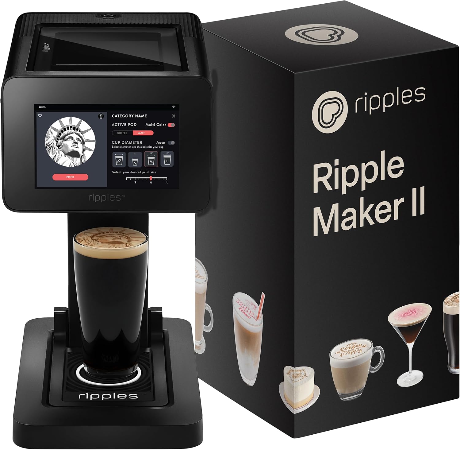 Ripples The Original Maker II, Print on Beverage Foam and Desserts, Plant-Based Ingredients Only, Selfie and Personalized Designs (Machine + Beer Pod)