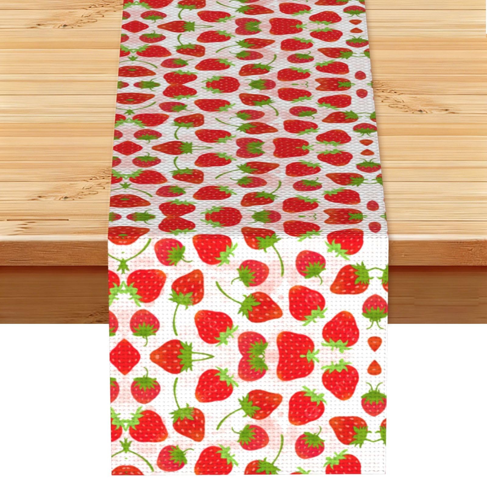 Strawberry Printed Dining Table Runner 13x72 Inch, Non-Fading Decor for Kitchen Dresser Fireplace Mantel