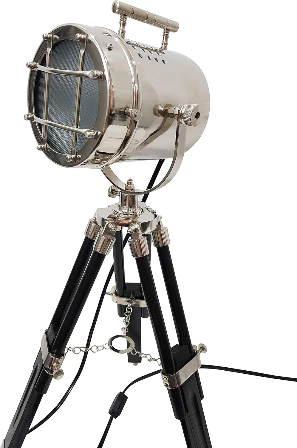 collectiblesBuy Nautical Desk Lamp with Black Wooden Tripod – 22 Inch Adjustable Nickel Finish LED Spotlight Searchlight Vintage Maritime Table Decor for Home Office