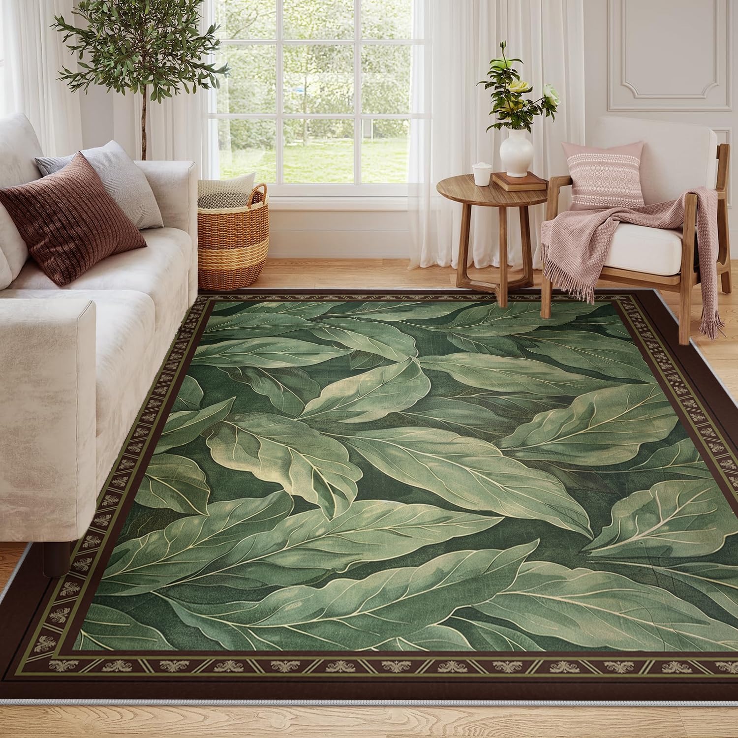 Dywaniki do wnętrz z brązowymi obramowaniami, 100 x 150 cm, zielony liść magnolii, dywan do sypialni, wiejskiego domu, vintage, styl naturalny, dekoracja podłogi, niskie runo, można prać