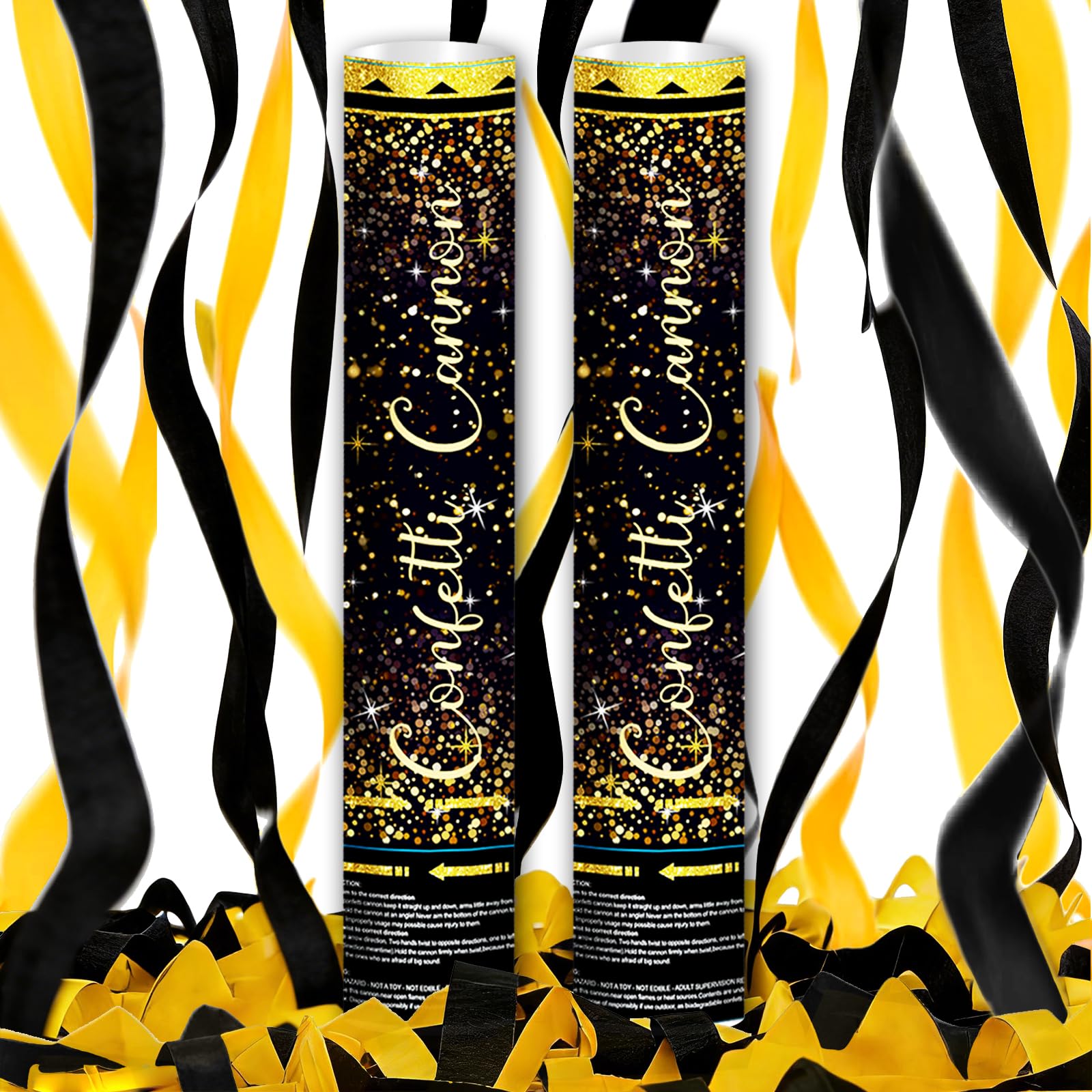 Klyroish Black & Gold Confetti Cannon Set - Biodegradable Confetti Poppers for Birthday Wedding Retirement New Years Graduation Party Celebrations, 2 Pack