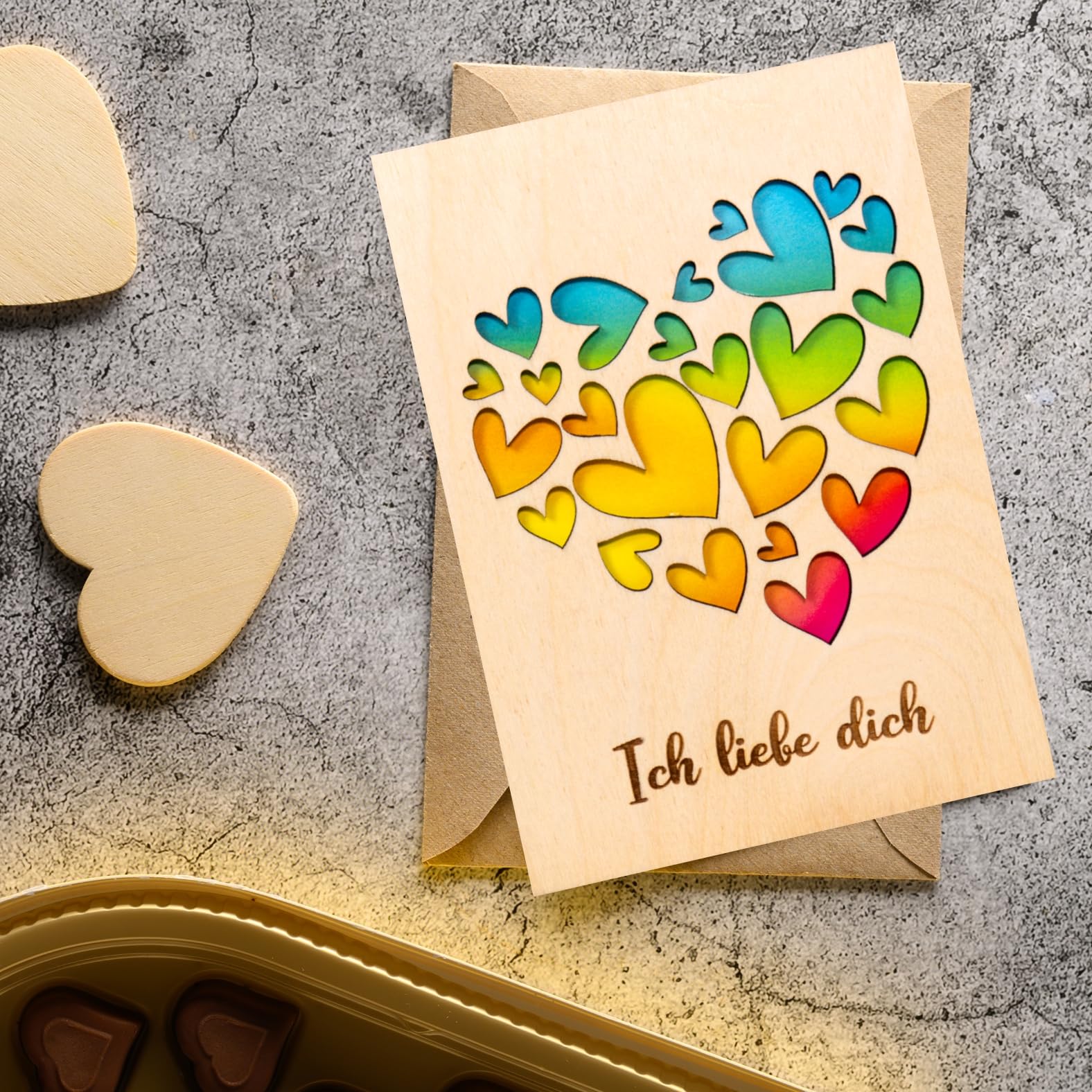 Biglietto di San Valentino in legno di betulla, regalo romantico tagliato al laser