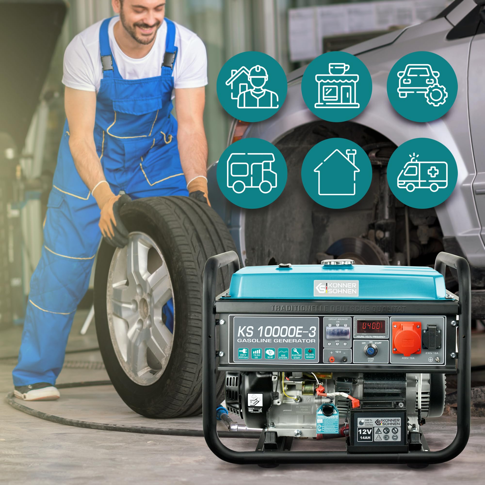 Generatore a benzina KS 10000E-3 per utenze trifase (400V), potenza massima 8000 W, con avviamento manuale/elettrico,protezione da cortocircuito, LED display, avvolgimento in rame,EURO 5