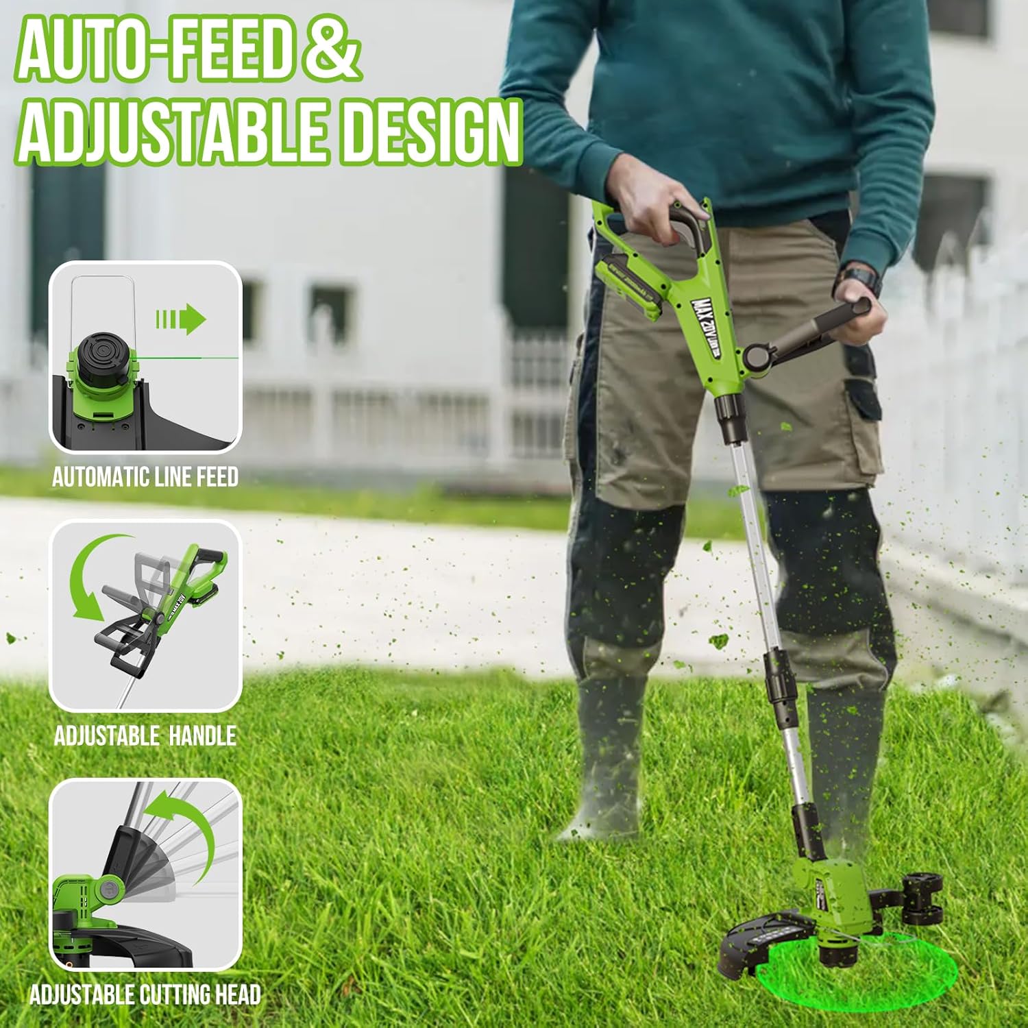 VARSK 20V String Trimmer Cordless, 12 Inch 2 in 1 Trimmer and Edger, Automatic Line Feed, Includes 2 X 2.0Ah Batteries/1 X Fast Charger/6 X Spare Spools, for Lawn, Garden, etc, Light Green