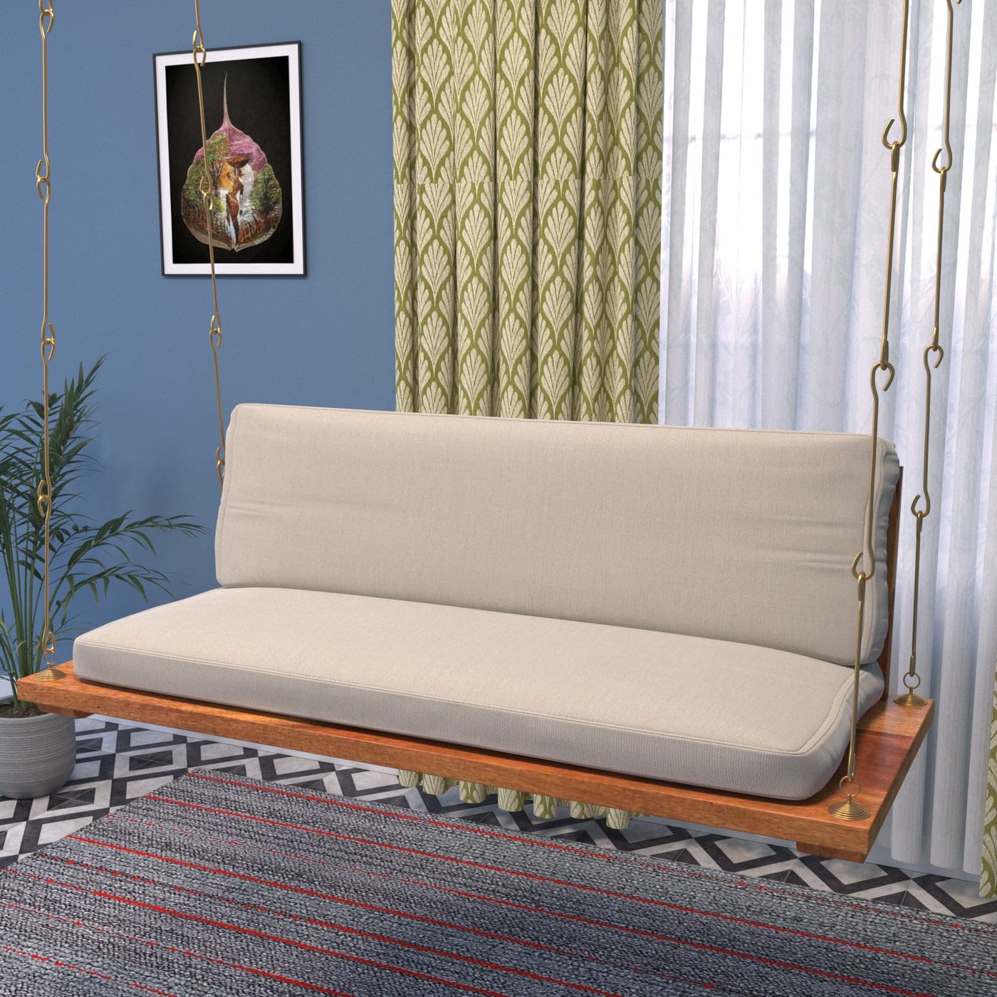Jairi Traders Wooden Swing (4ftx2ft) Solid Wooden Hanging with Back Support Jhula Wooden Swing (with Stainless Steel Accessories) with Grey seat at Back nd Seating Area-image-40