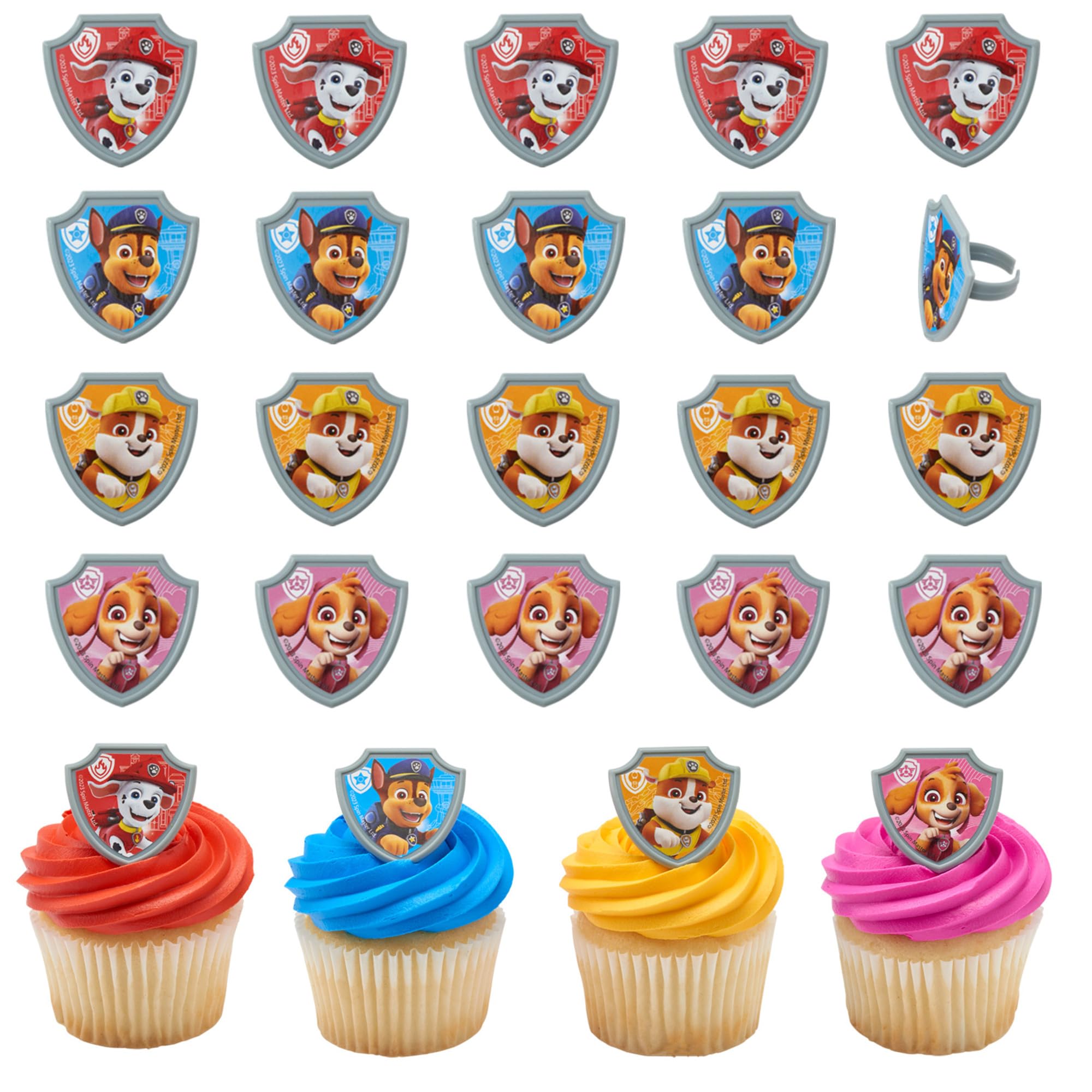 DecoPac Paw Patrol Reporting For Duty Rings, Cupcake Decorations Featuring Chase, Marshall, Skye, And Rubble - 24 Pack