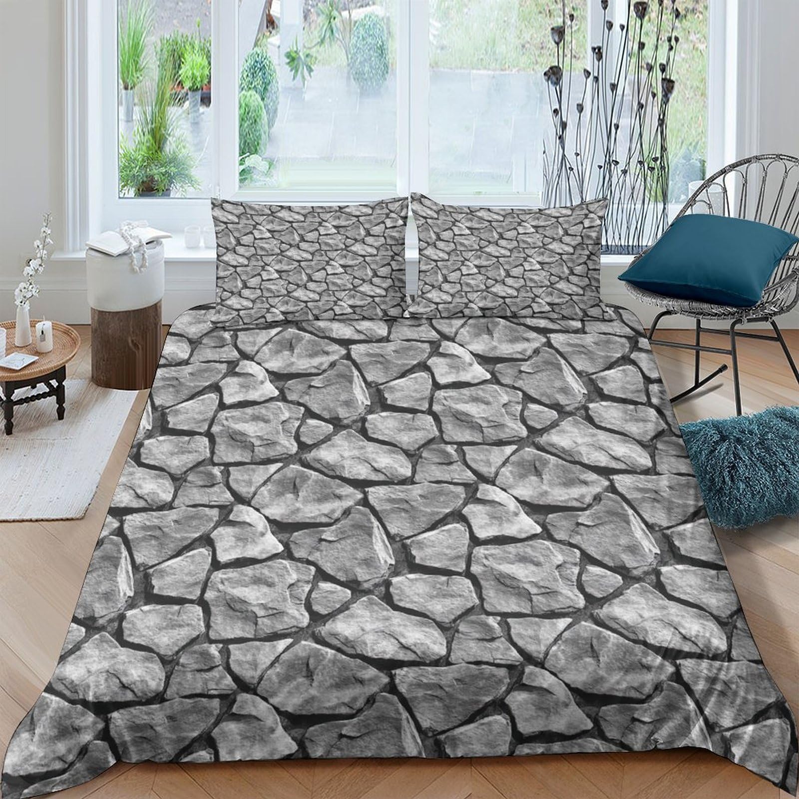 Ctjqhvkz Style-6 3D Printed Stone Wall Fitted Sheet Microfiber Soft Grey Rock Pattern Mattress Cover For Bedroom Dorm Bed Decor Single（135X200cm）
