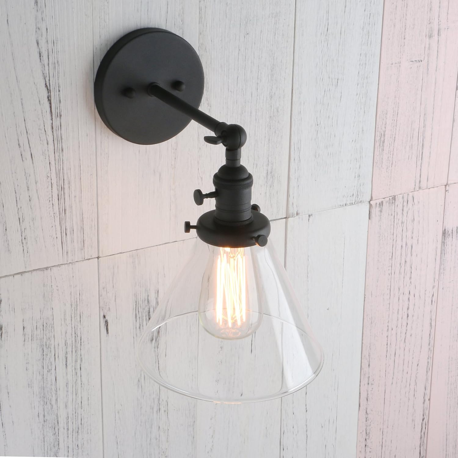 Super Deal Product Permo Single Sconce with Funnel Flared Glass Clear Glass Shade 1-Light Wall Sconce Wall Lamp (Matt Black）