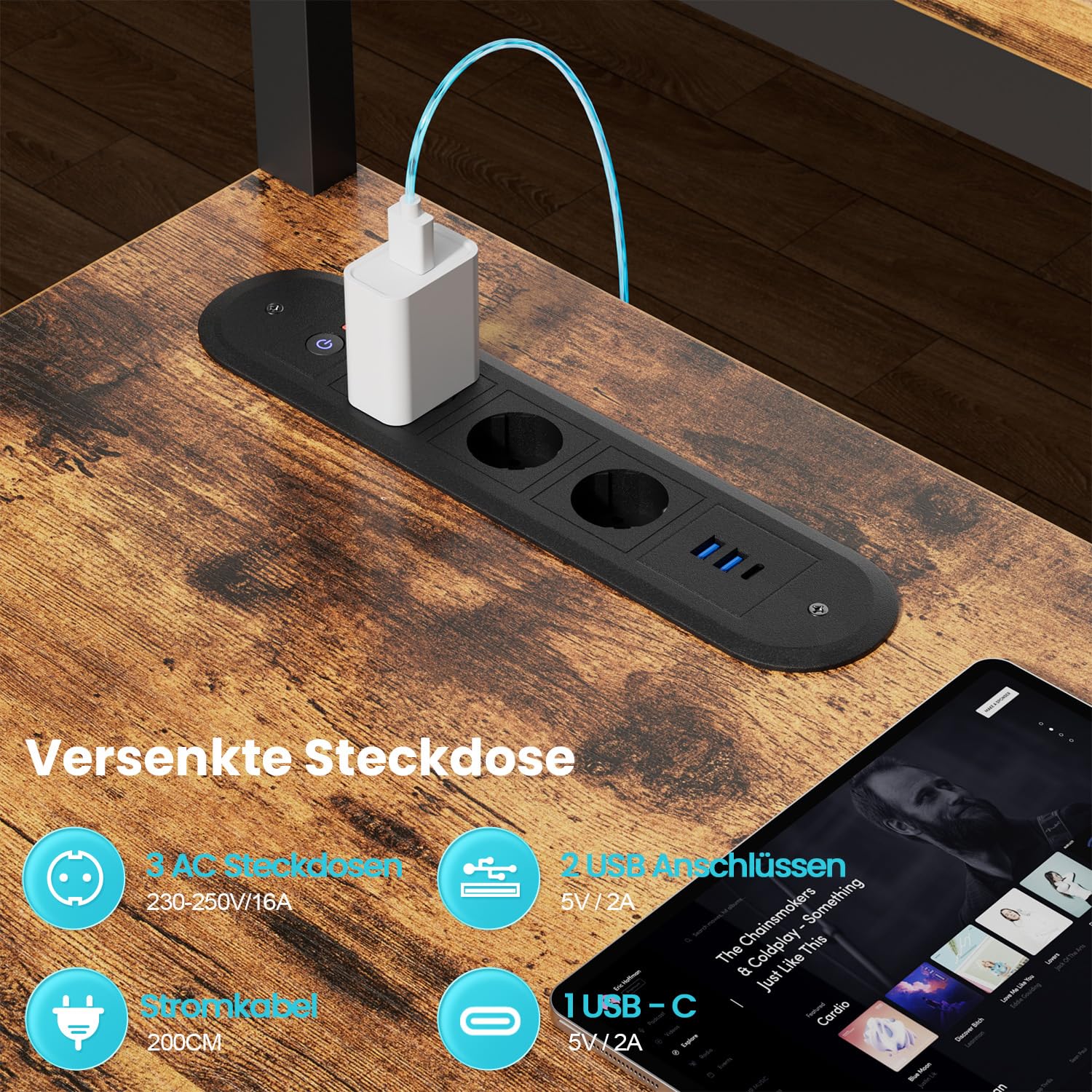 HLONONE Stolik gamingowy z LED, 150 x 100 cm biurko gamingowe w kształcie L, z 3 gniazdami wtykowymi i 3 portami USB, odwracalny biurko narożne z szufladą i ze stojakiem na monitor, brązowy | Stolik narożny ze stojakiem na ekran, torbą do przechowywania i