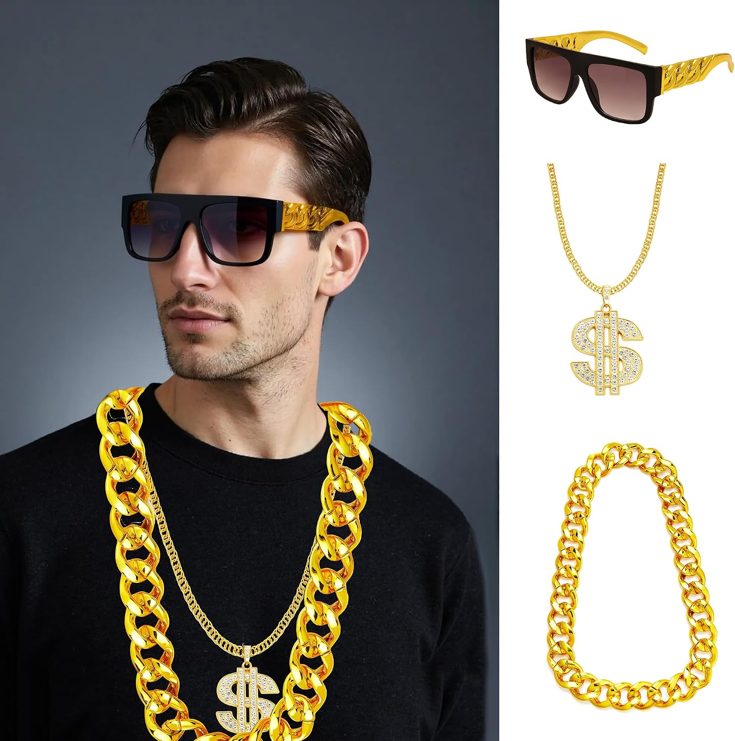 80s 90s Hip Hop Costume Jewelry Kit for Men Gold Cosplay Rapper Accessories Set image 5