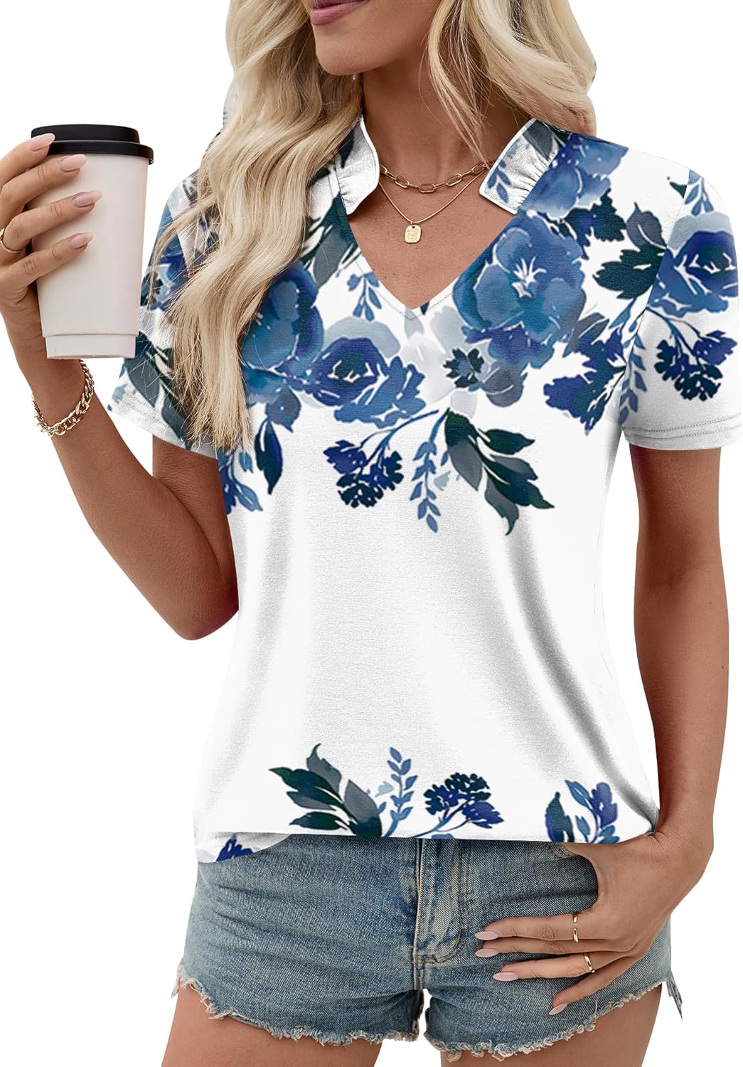 Kistore Womens Summer Tops Short Sleeve V Neck Casual Shirts Beach Vacation Dressy Work Blouses - Image 3