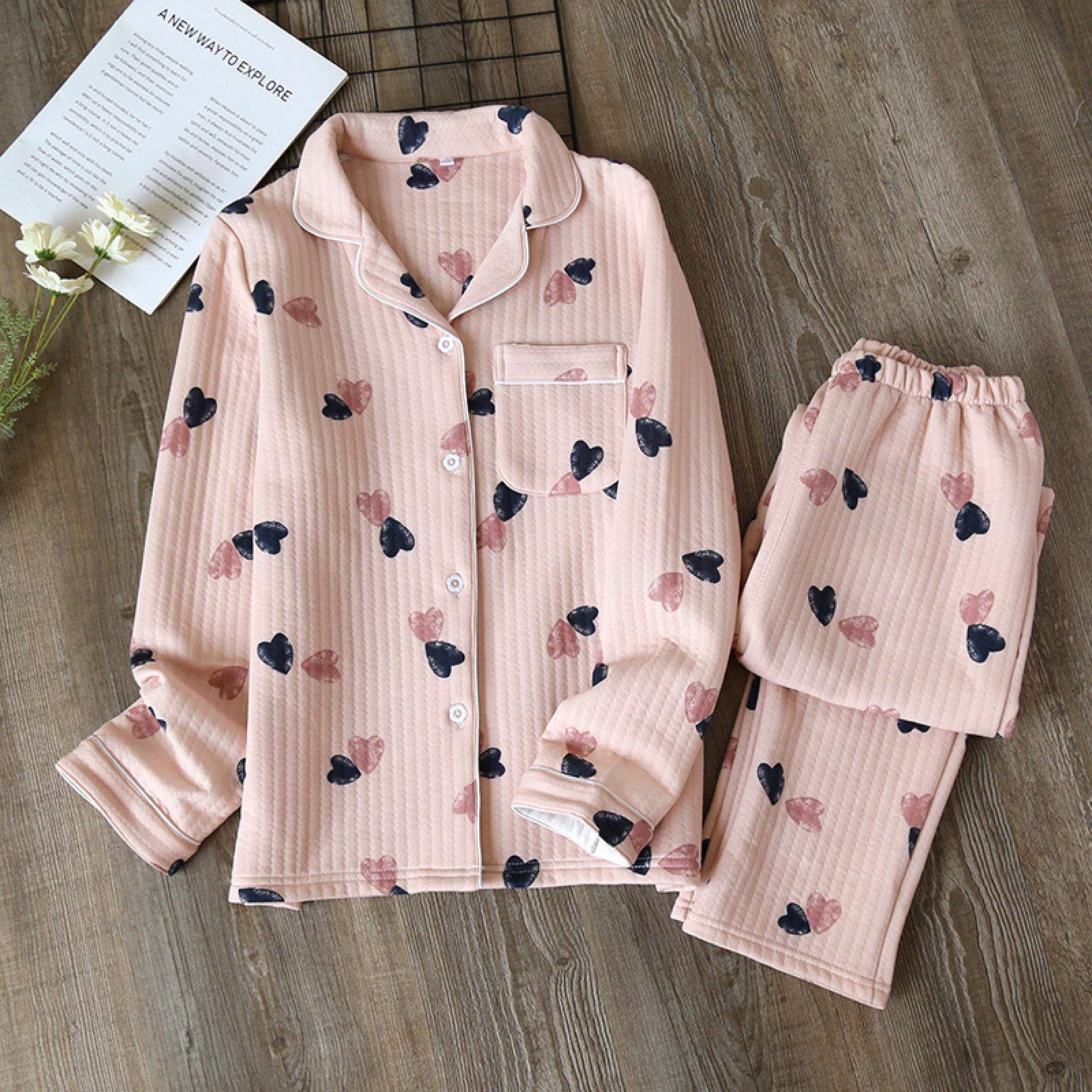 Un Pijama Cómodo Pijamas De Mujer Pijamas De Mujer Conjunto De Pijamas De Mujer De Algodón Puro Grueso De Manga Larga Ropa De Dormir De Mujer Suelta Com,Pinklove-XL