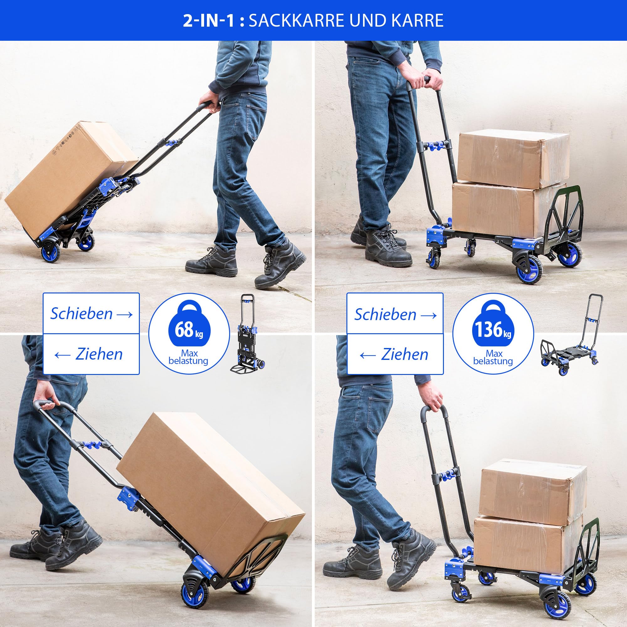 HOSTRÖM 2-in-1 Klappbarer Transportwagen & Sackkarre, Tragkraft 136 kg/68 kg, 360°-Lenkrollen, teleskopierbarer Griff, 5 Jahre Garantie