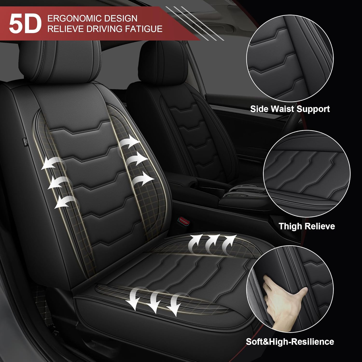 DISUTOGO for Honda Civic Seat Covers 2016 2017 2018 2019 2020 2021 LX,EX,Sport,Si,EX-L, Custom Car Waterproof Leather Seat Covers for Civic Easy to Install (5 Seats,Black)