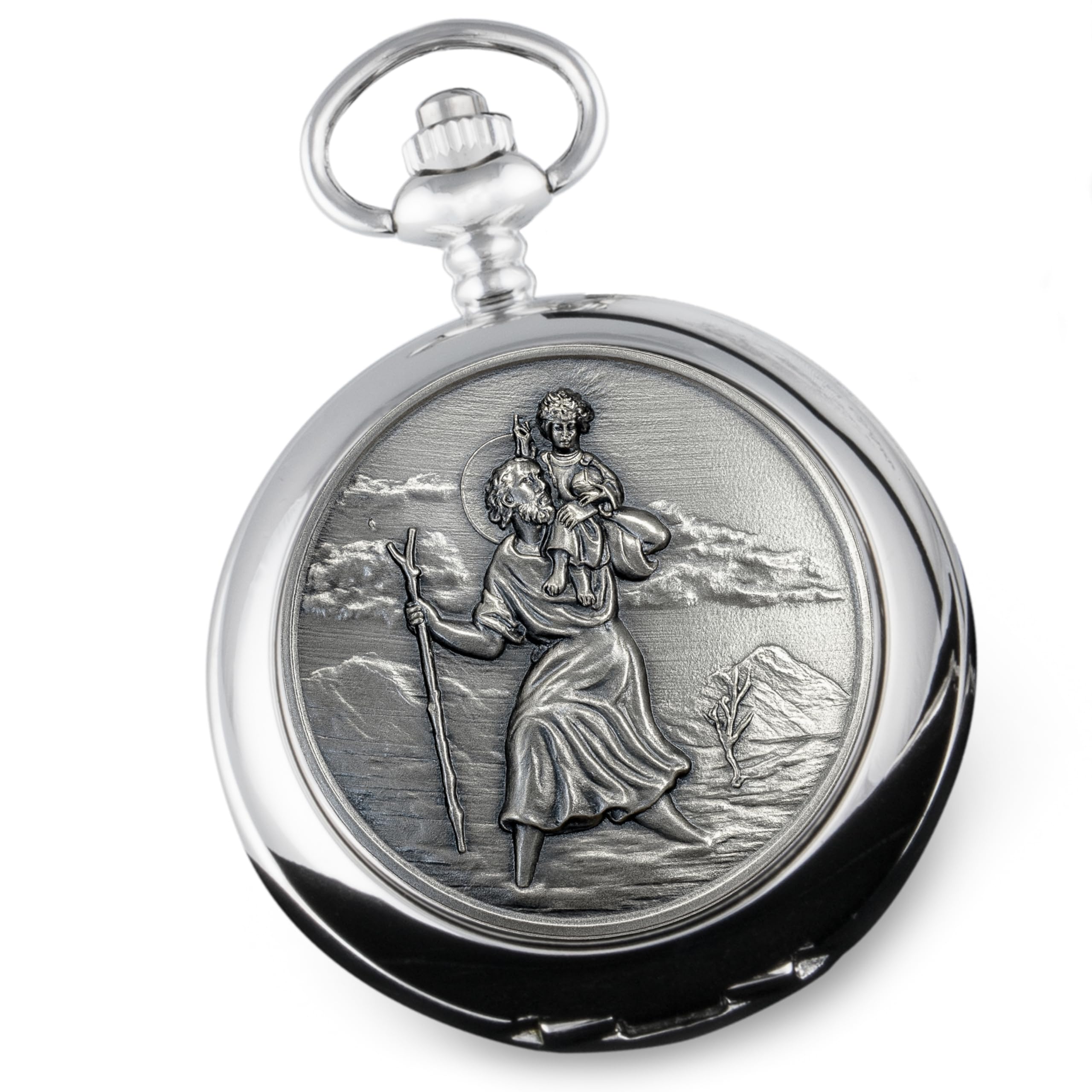 Montre gousset St Christophe en étain avec chaîne et boîte cadeau pour garçon Cadeau de baptême pour garçons filleul petit-fils, Argenté., Classique