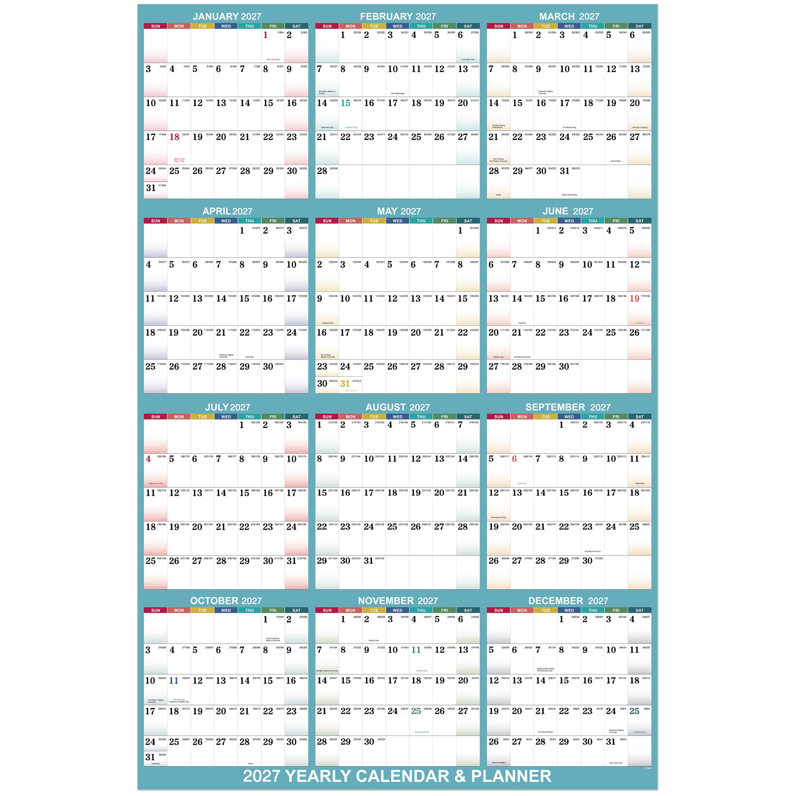 2027 Yearly Wall Calendar - 2027 Wall Calendar, Yearly Calendar from Jan. 2027 - Dec. 2027, Vertical, 22.8" x 34.4" (Open) - Bright Blue