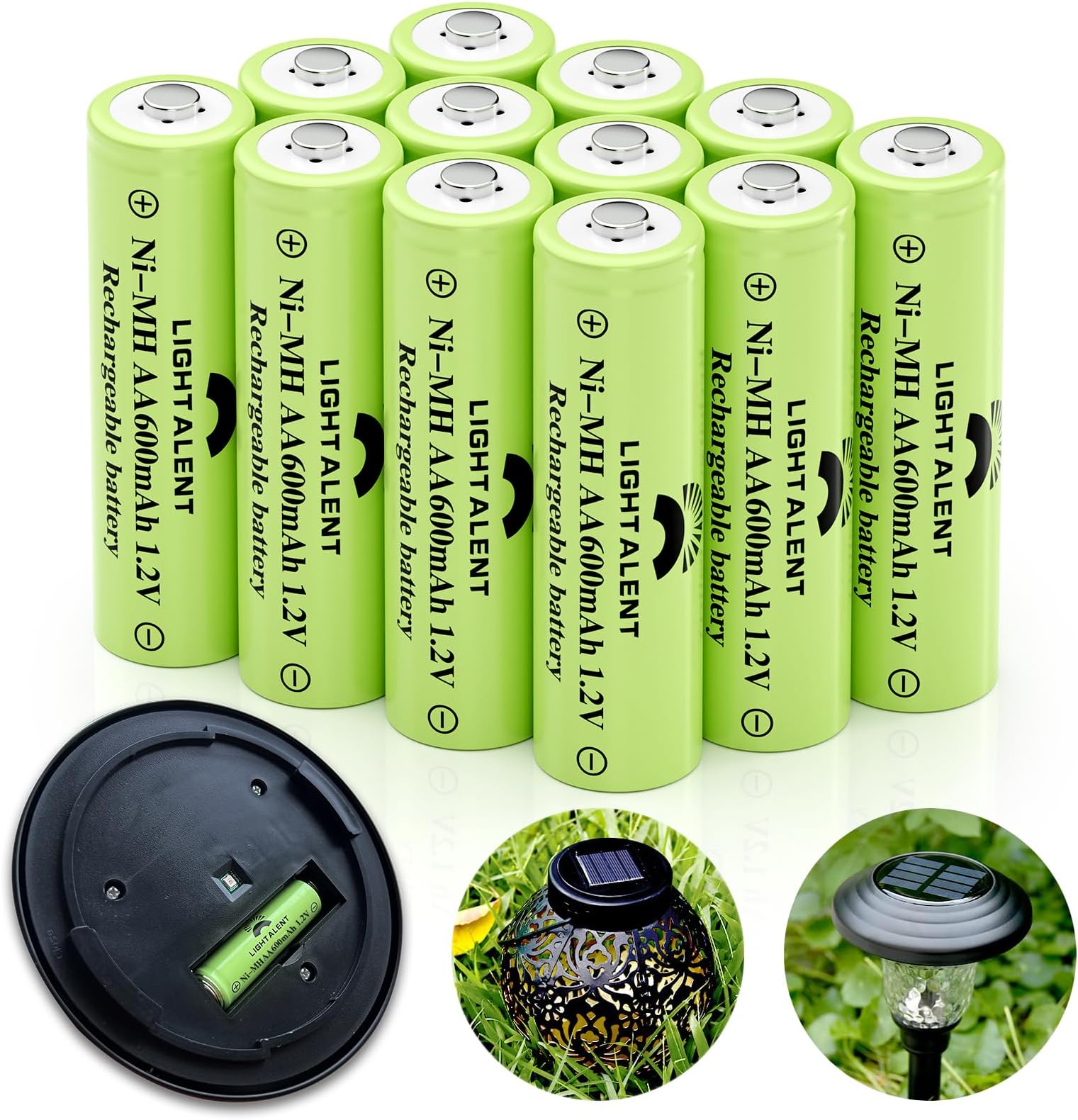 Lightalent Ni-MH AA Rechargeable Batteries, Double A High Capacity 1.2V Pre-Charged Battery for Outdoor Solar Lights(AA-600mAh-12pack)