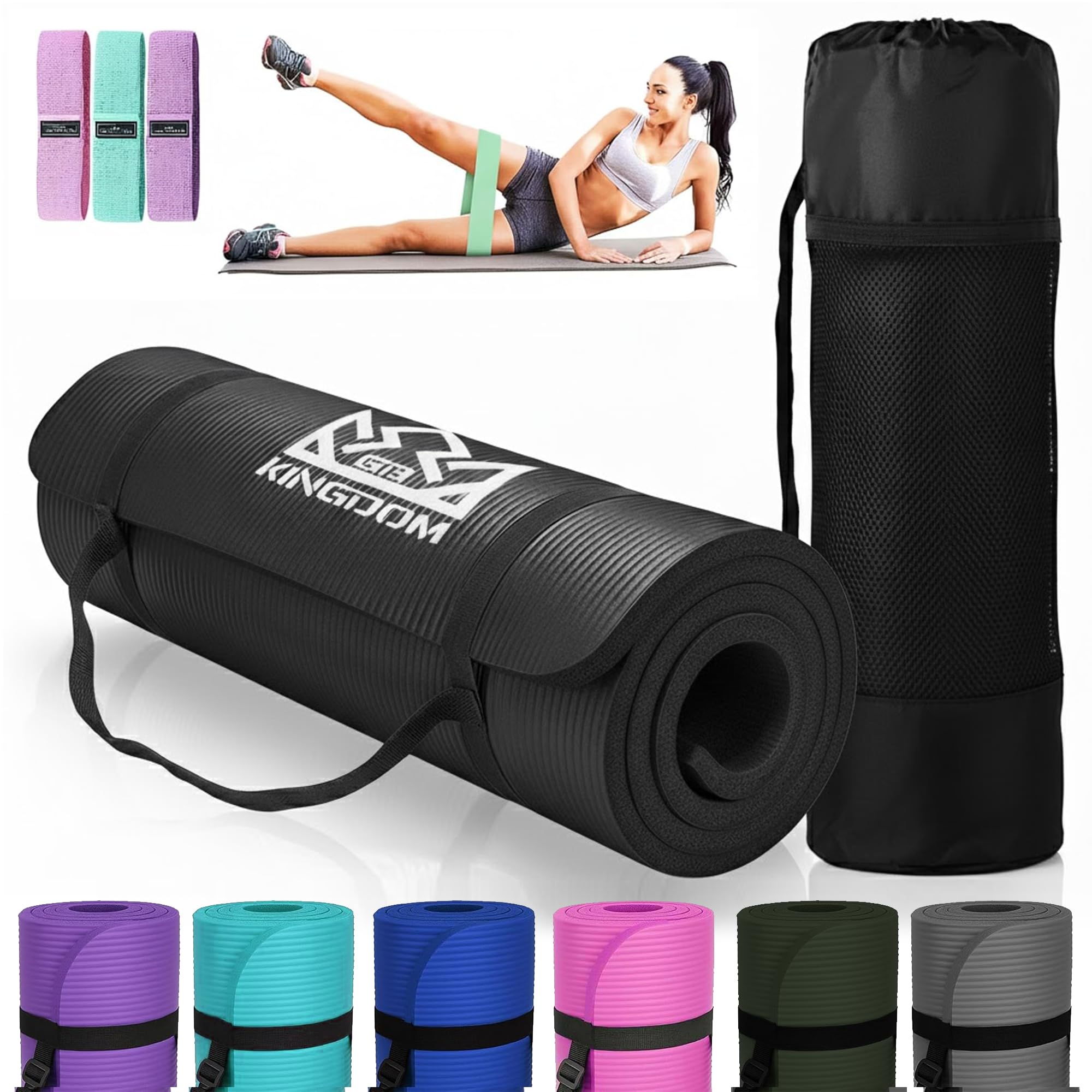 Kingdom Fitness 15mm 20mm Extra Thick Yoga Mat Set | NBR Non-Slip Exercise Mat, Carry Bag, Strap & Resistance Band (Navy, 20mm) โ image 1