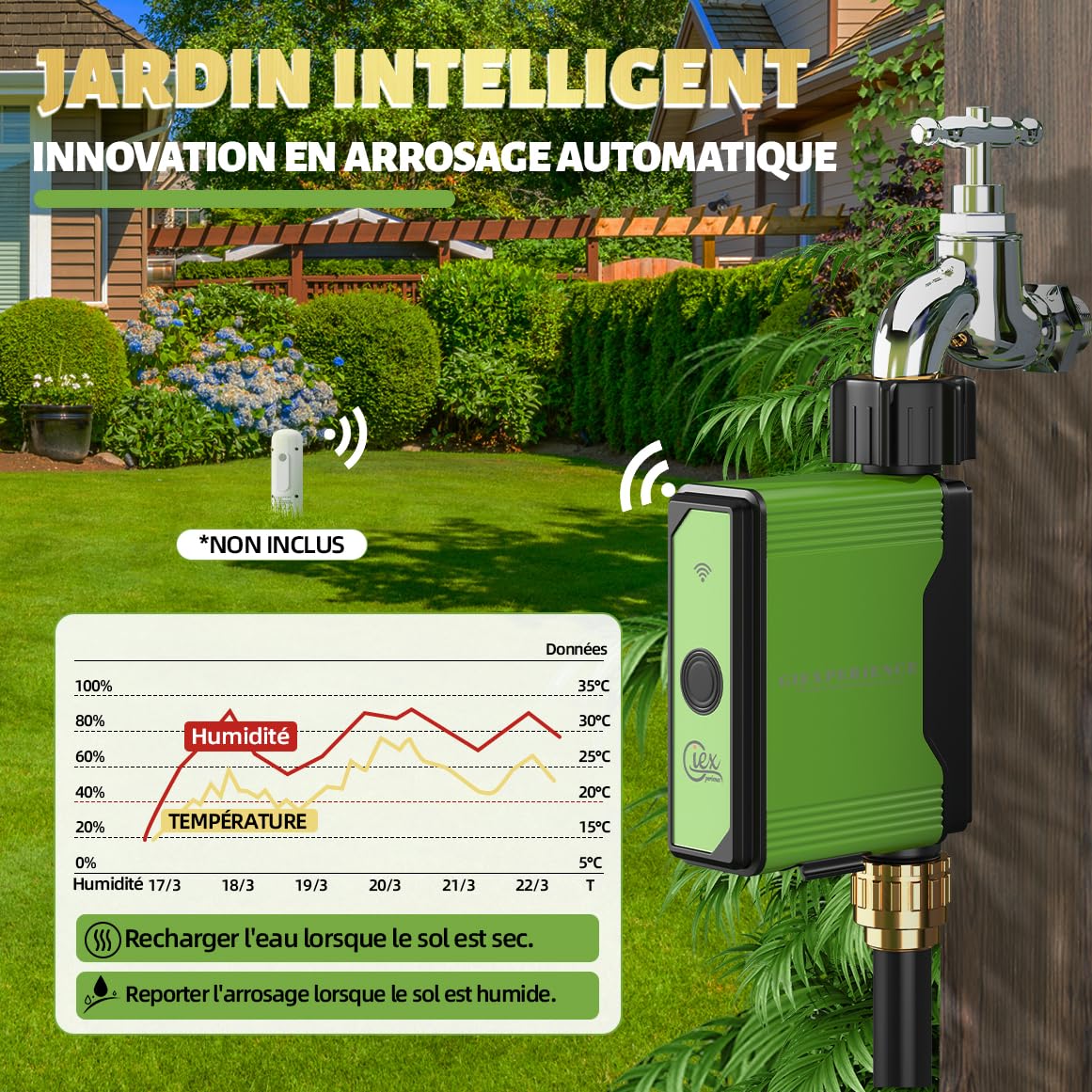 Minuteur d’arrosage de Jardin Intelligent Bluetooth avec débitmètre à Turbine intégré, 10 programmes, Compatible Tuya Smart et Smart Life
