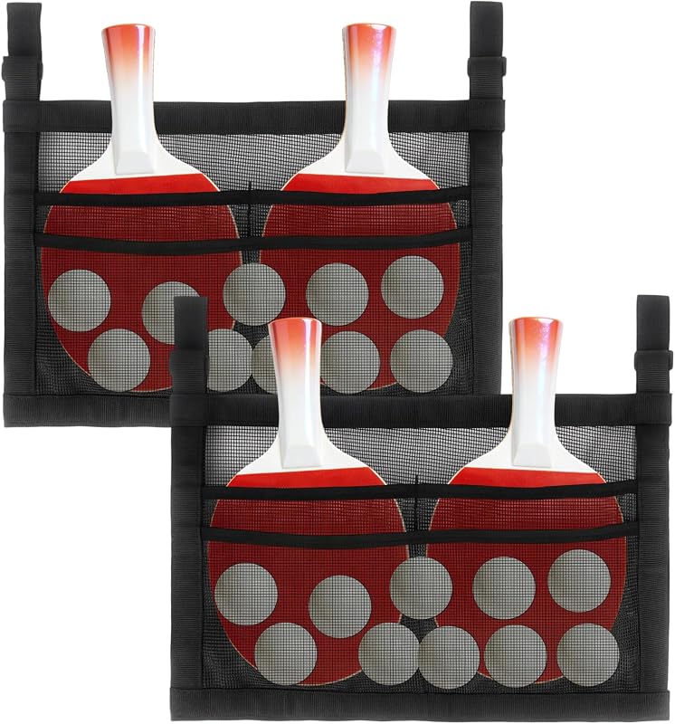 Klmnop 2 Pack Ping Pong Paddle Storage Bag with Mesh Organizer, Hanging Under Table Tennis Racket Holder for 4 Paddles and Balls, Sports Equipment, Easy Install with Straps