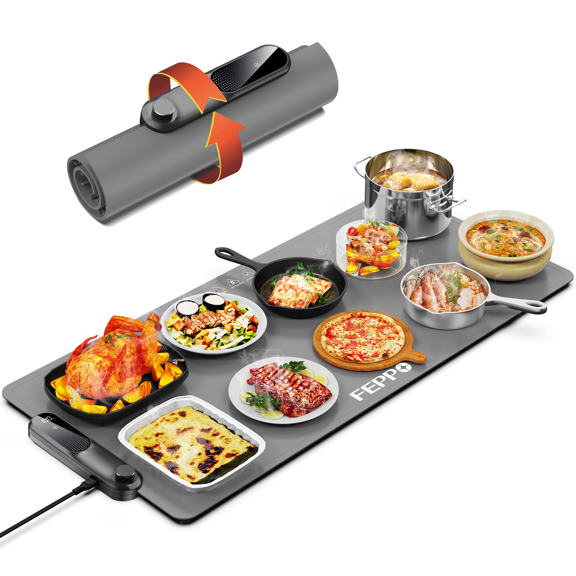 FEPPO Speisen-Wärmematte (XXL 89cm x 40.5cm”), Elektrische Warmhalteplatte für Buffets und Partys, Schnelles Ganzflächen-Heizen für Speisen mit 17-stufig Einstellbarer Temperatur und 6-Stunden-Timer
