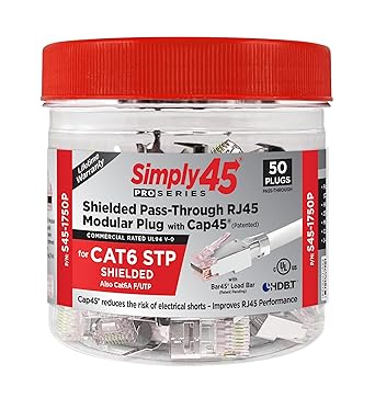 Simply45 ProSeries Pass-Through RJ45 Mod Plug with Cap45 and Bar45 - Shielded External Ground for 23AWG Solid, Cat6/6a STP - Red Tinted, 50-Piece/Jar - S45-1750P