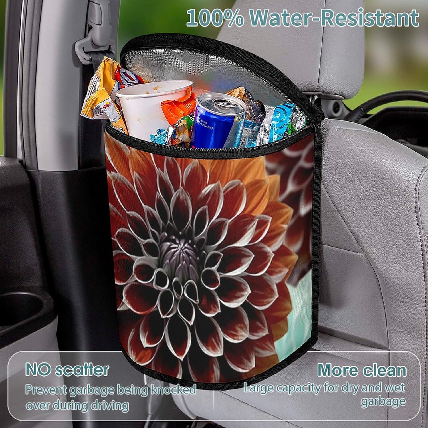 Hanging Car Trash Bag Dahlia Flower Printed Car Garbage Storage Bag Leakproof Car Trash Can Portable Garbage Storage Bags