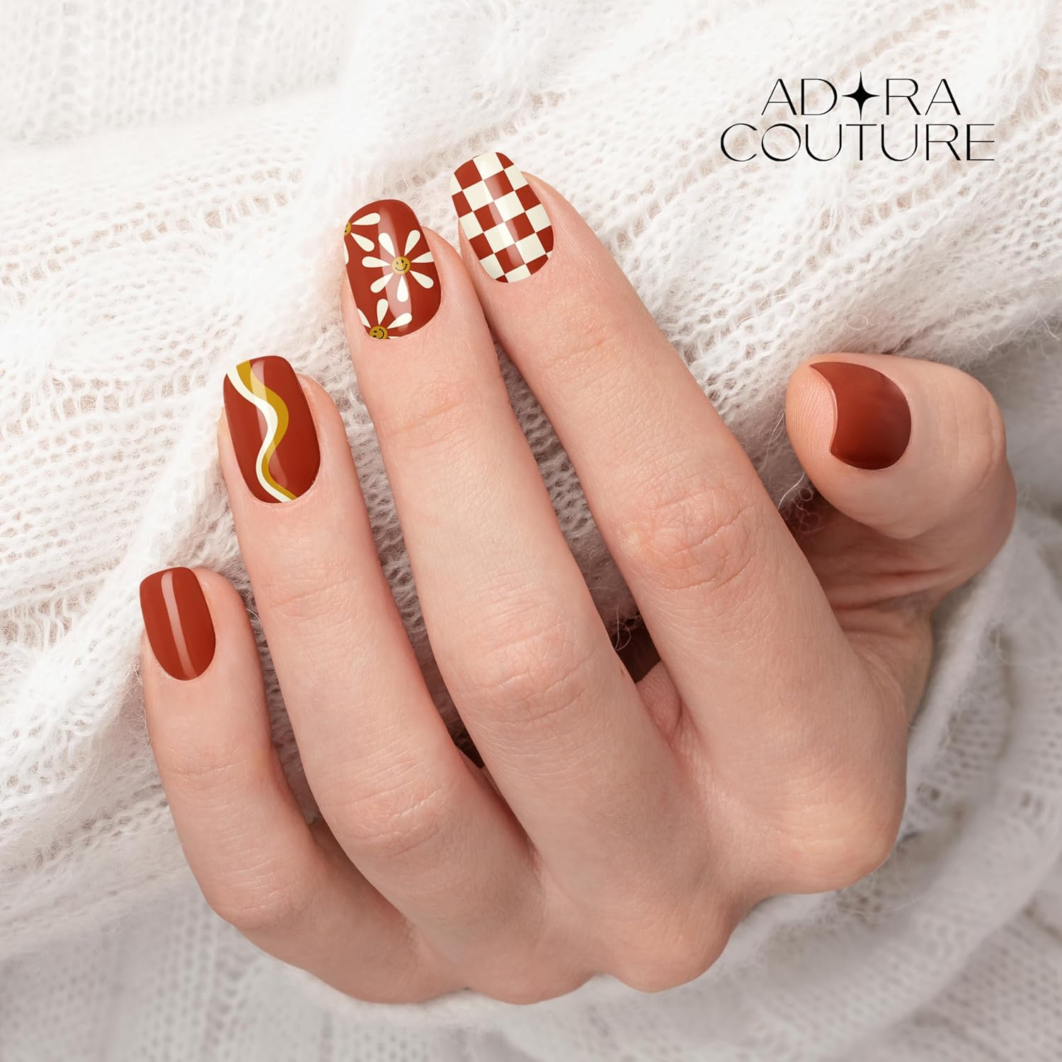 Adora Couture Semi Cured Gel Nail Strips with 30 Pieces - UV Gel Stickers, Manicure Kit, Easy Application Wraps Includes Prep Pads, Nail File, Wooden Stick - UV Light Required (Retro Rust)
