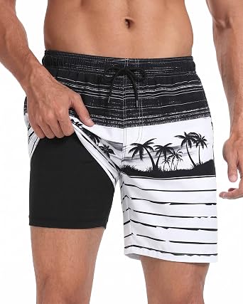 Aueyan Mens Swim Trunks with Compression Liner 7 inch,Men Bathing Suit Beach Swimsuits with Pockets