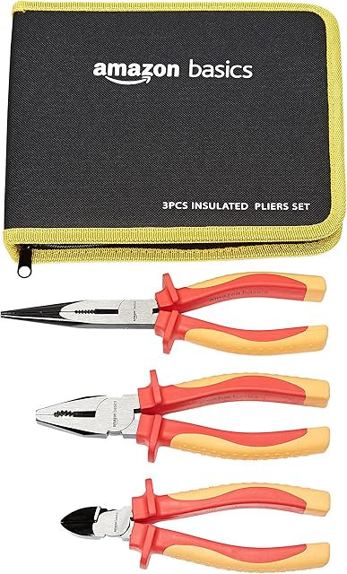 Amazon Basics 1000 Volt VDE Insulated Pliers Set, (17.78 cm Linesman, 15.24 cm Diagonal, 20.32 cm Long-Nose), 3 Piece