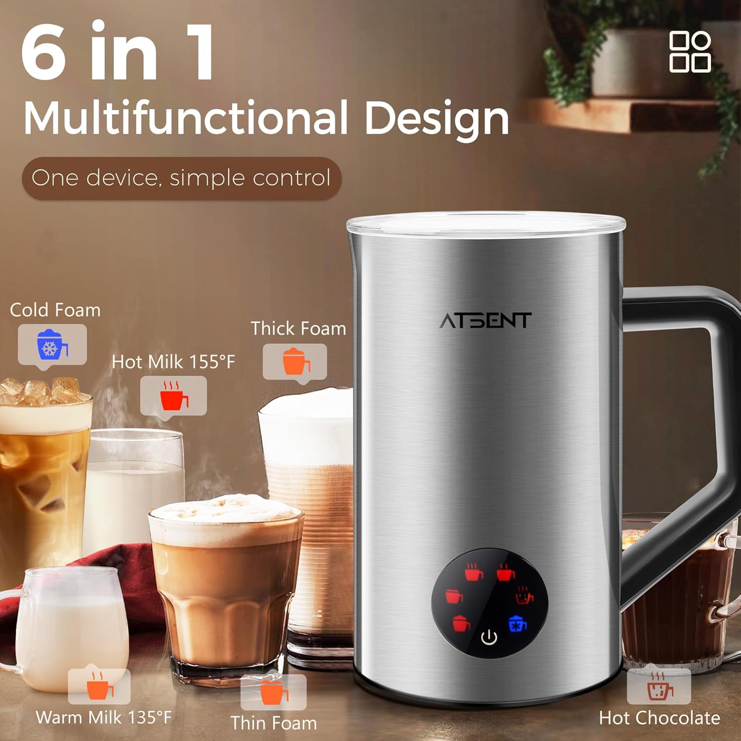 Milk Frother and Steamer, 6-in-1 Hot and Cold Foam Maker, Electric Milk Steamer with Auto Shut-Off and Milk Warmer for Coffee, Latte, Cappuccino, Hot Chocolate, (Silver)