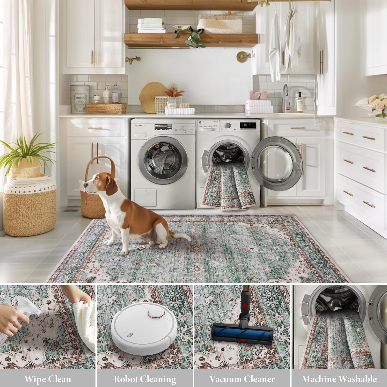 Topfinel Washable Rugs for Living Room 160x230cm, Boho Vintage Green Area Rug with Non-Slip Backing - Image 3