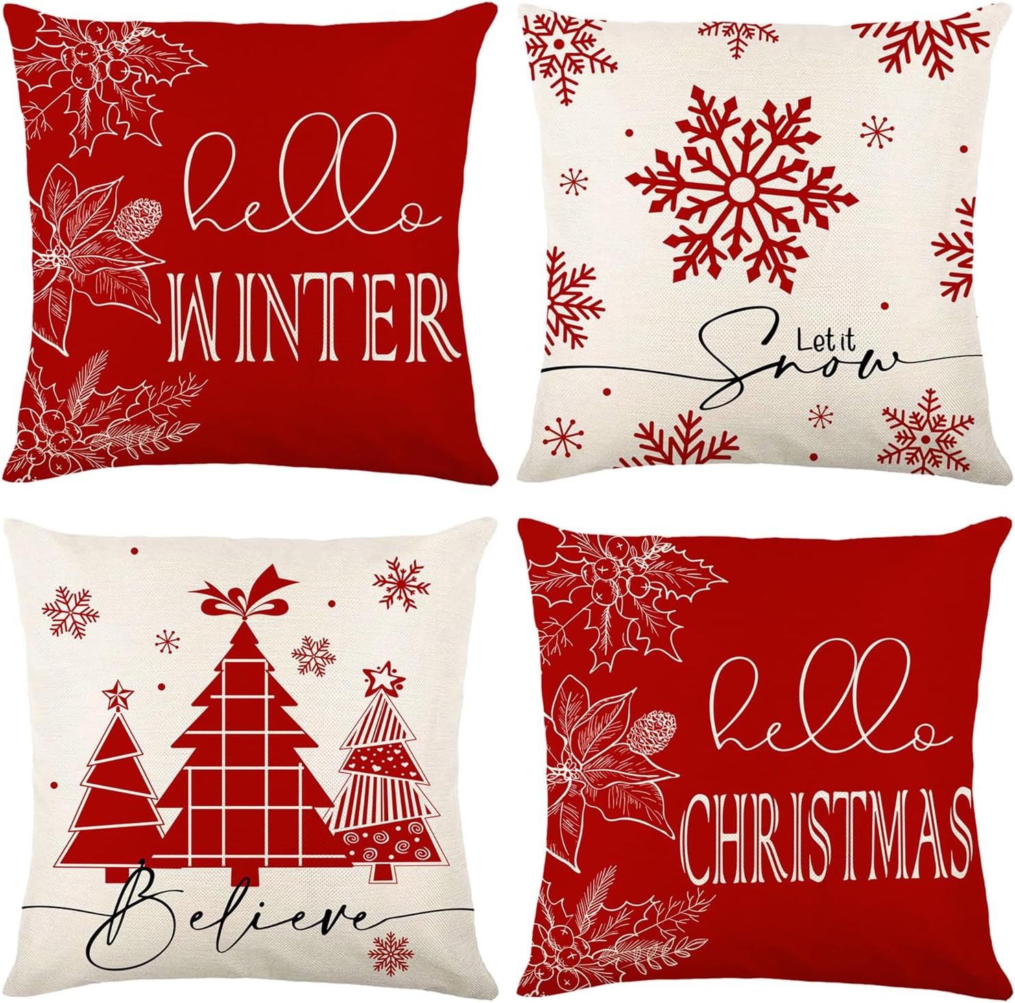 LTDKAEN Red Christmas Cushion Covers 45x45cm Set of 4 Christmas Tree