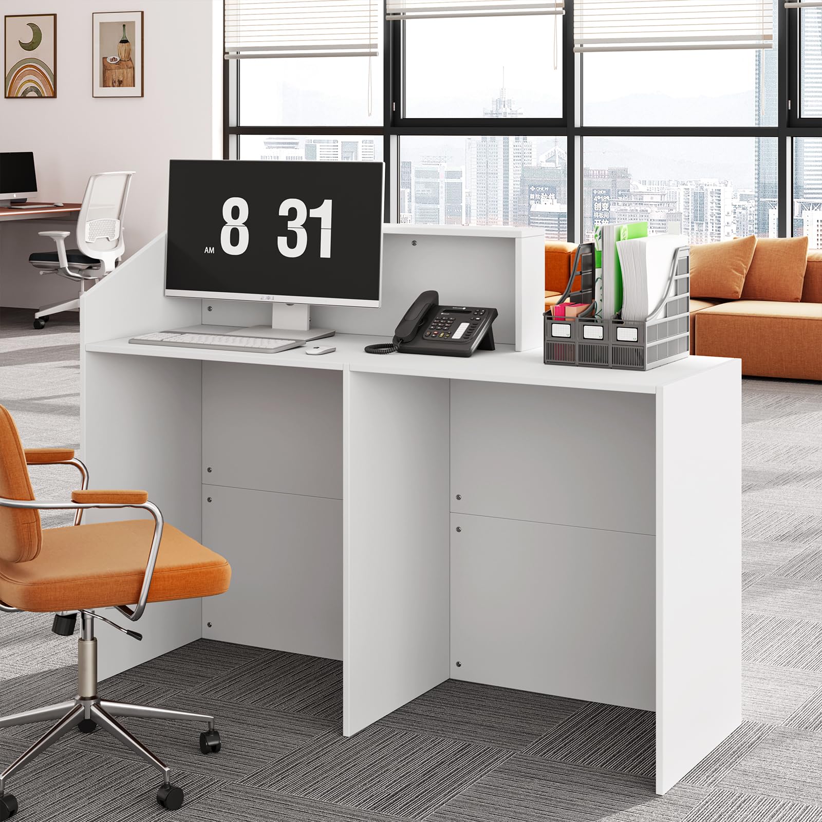 Mostrador de recepción blanco 133 x 45 x 100 cm, mostrador de recepción, mesa de recepción con gran superficie de trabajo, mostrador de oficina, mostrador de efectivo, mesa de recepción, simplicidad