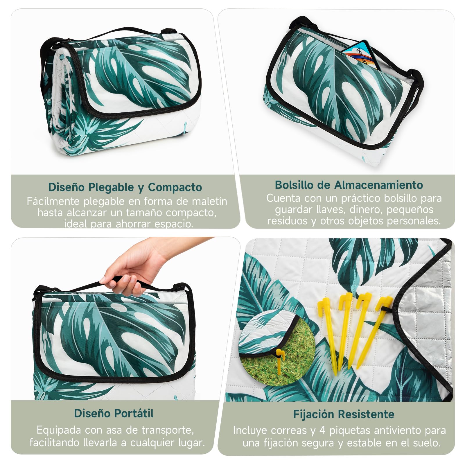 HAUSPROFI Manta de Picnic 200x300 cm, Impermeable y Aislante - Mantel Picnic Extra Grande para Playa, Camping, Aire Libre. Plegable & Acolchada, Portátil, Asa & Piquetas, Lavable e Indeformable